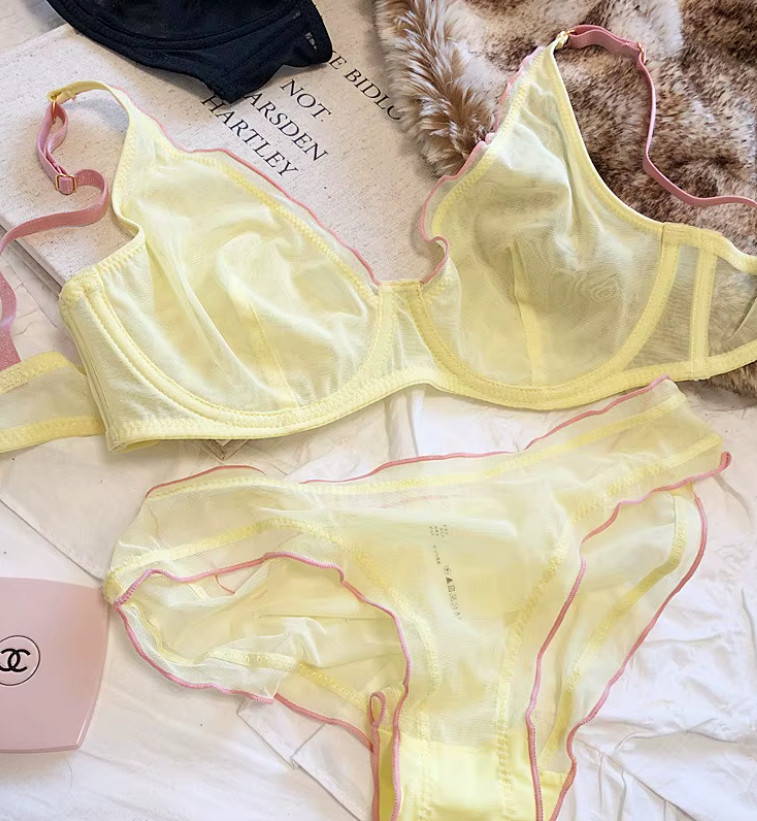 yellow mesh french design underwire lingerie