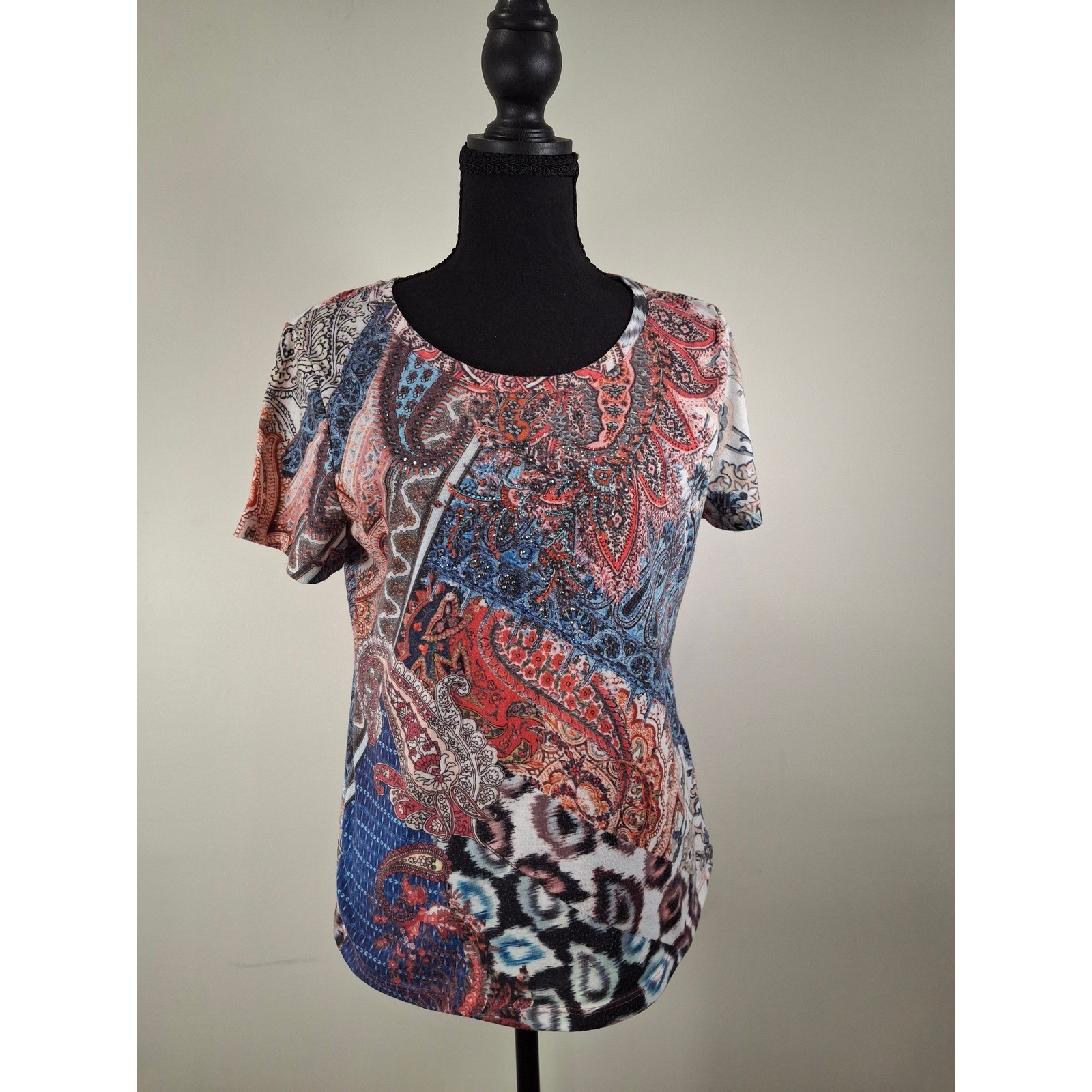 Christopher & Banks Petite Mixed Paisley Animal Print Top Blue Red P/M