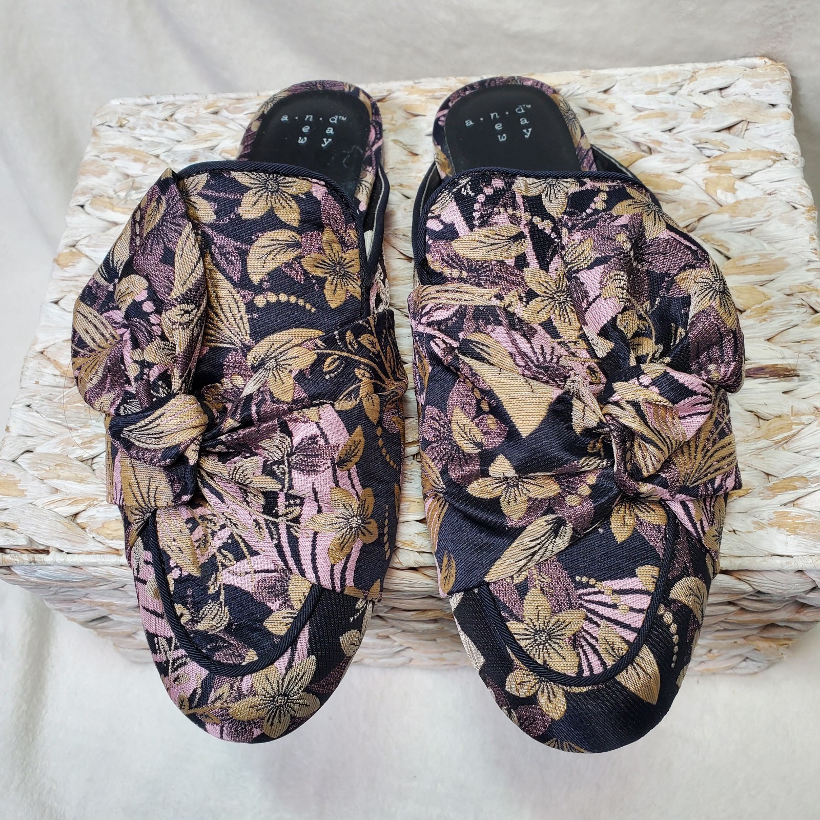Cottagecore Size 7.5 Holland Jacquard Fabric Knotted Mules Slip-On Victorian