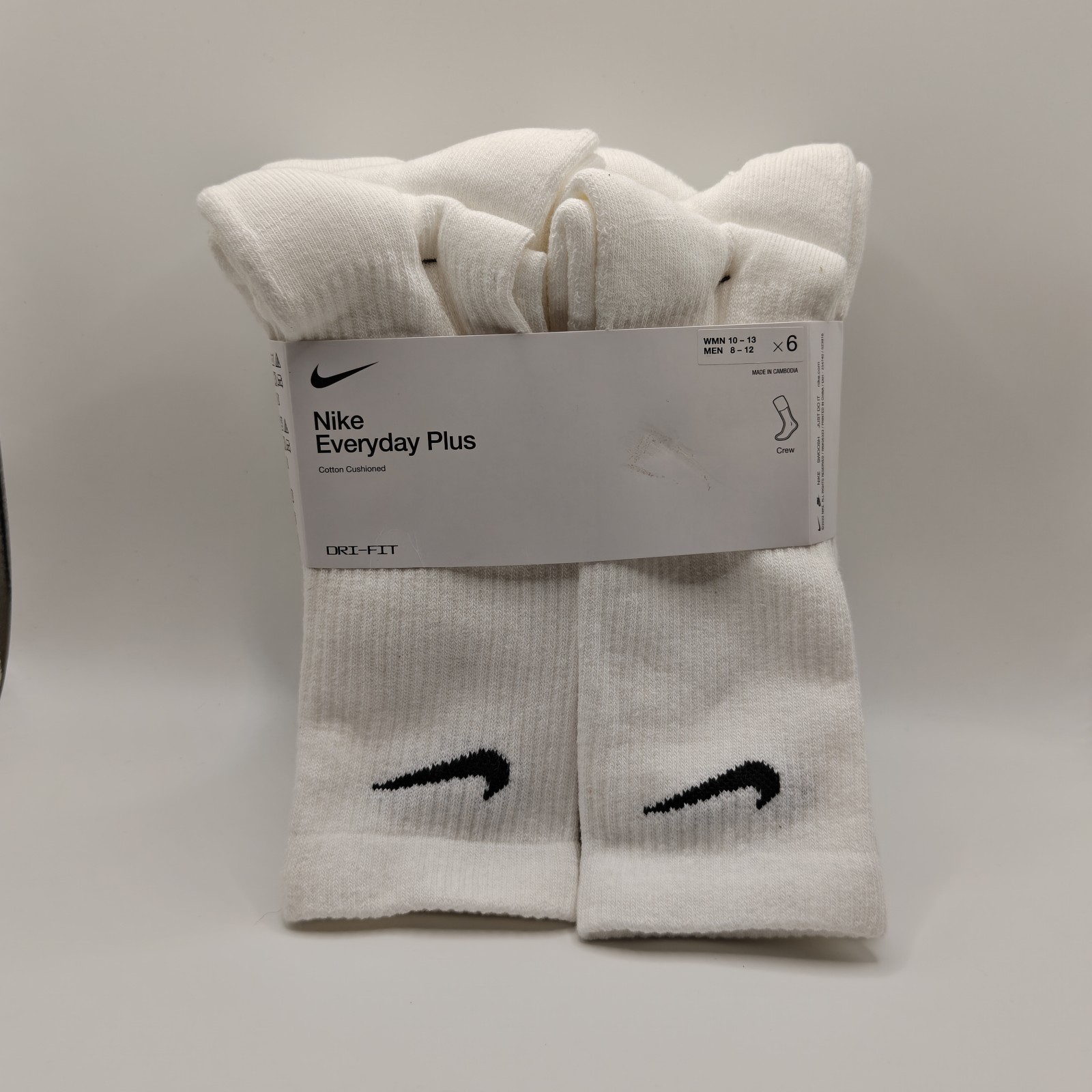 Nike Dri-Fit Training Everyday Plus Cushioned Crew Socks White 6 Pairs Size L