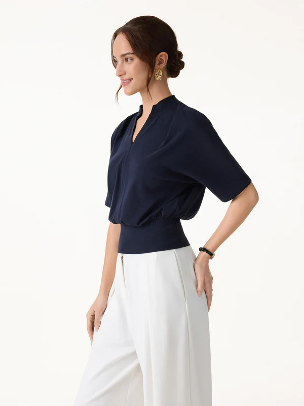 OGL Stand Collar V-Neck Short Sleeve Top Casual Slim Fit Blouse Women