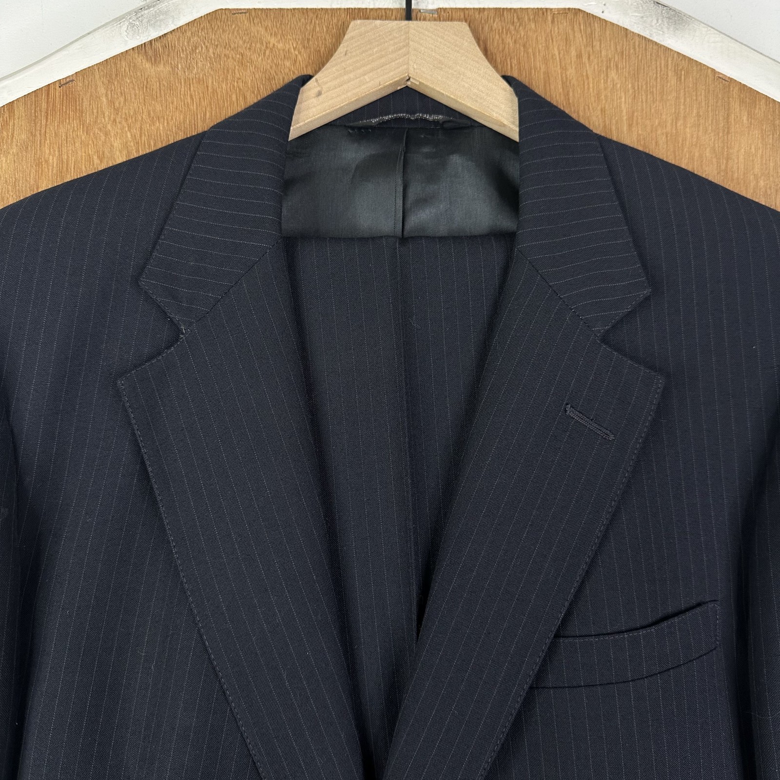 Bespoke Suit Mens 44R Navy Blue Pinstripe 2 Button Wool Pants 36×30 Canvased