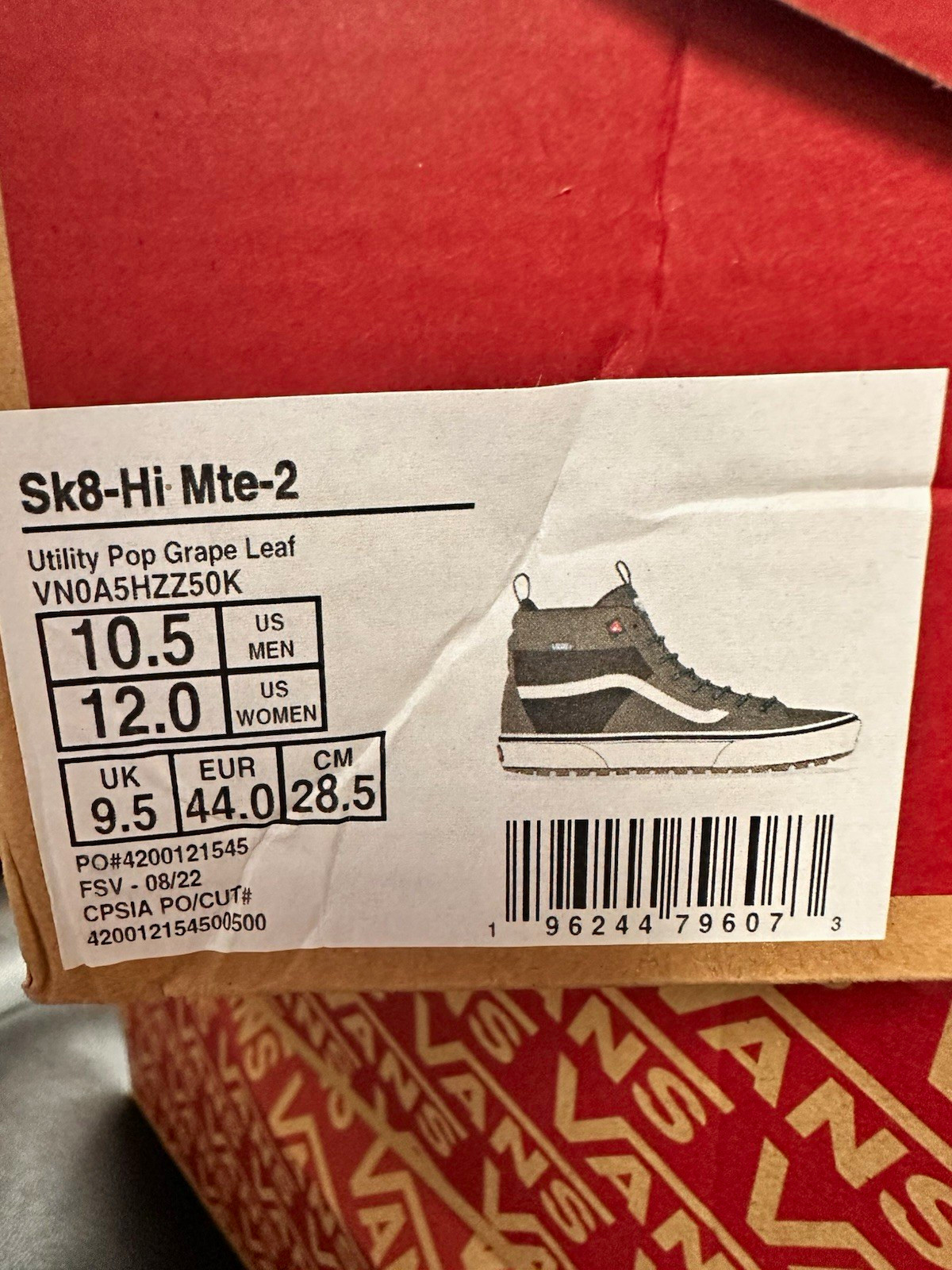 VANS Sk8-Hi Mte-2 Men US 10.5 Green/Black/White Suede Waterproof Sneaker