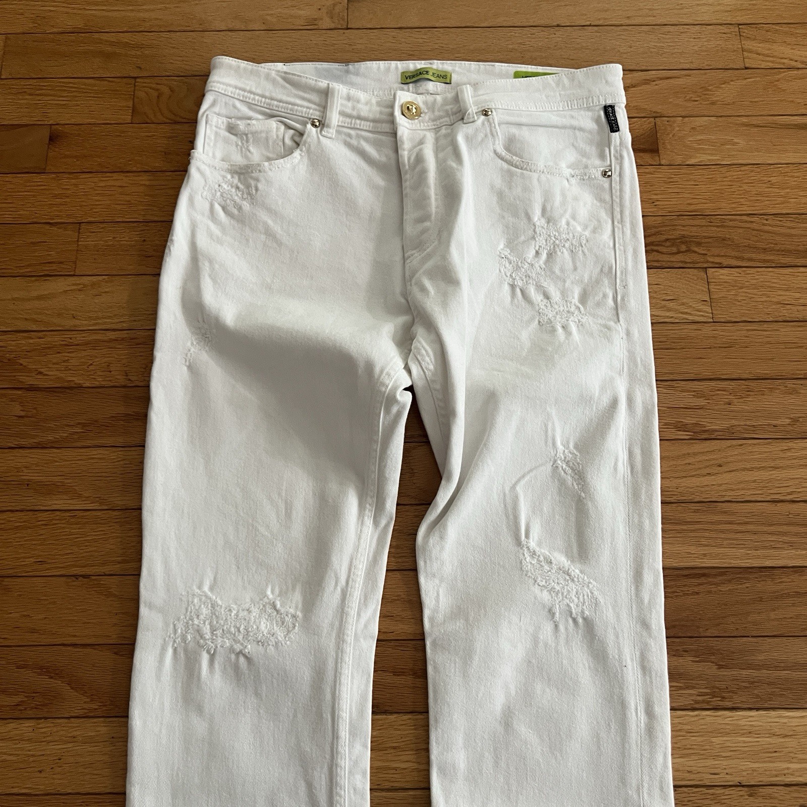 Versace Jeans Mens 32 White Denim Medusa Button Made Albania Distressed Slim