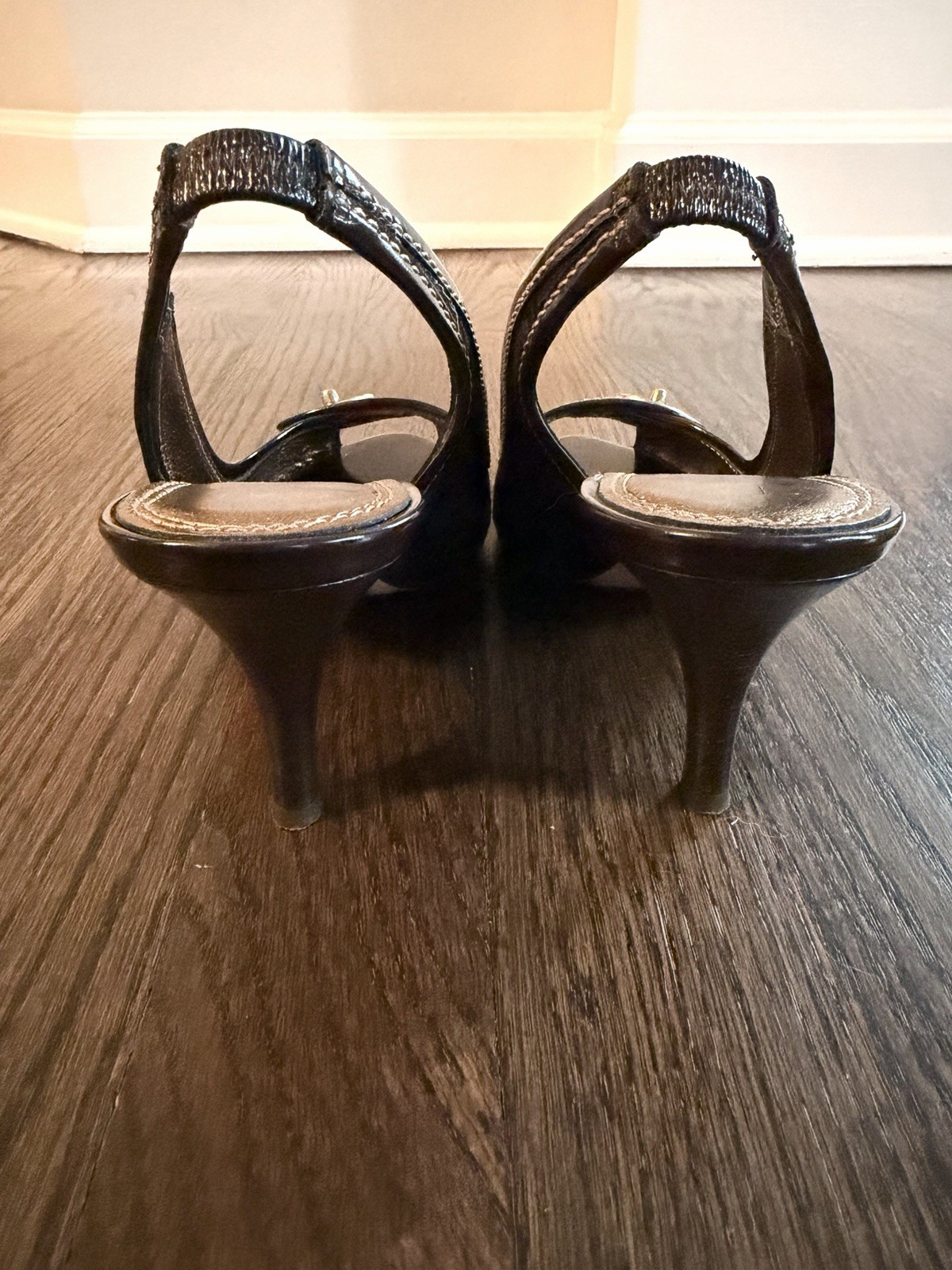 VTG Coach Brook Brown Logo Jacquard Turn Lock Peep Toe Slingback Heels Sz 6.5 B