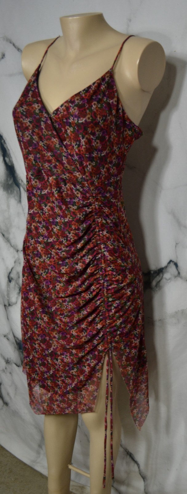 BCBGENERATION Black Multicolor Floral Spaghetti Strap Ruched Dress 14 Asymmetric