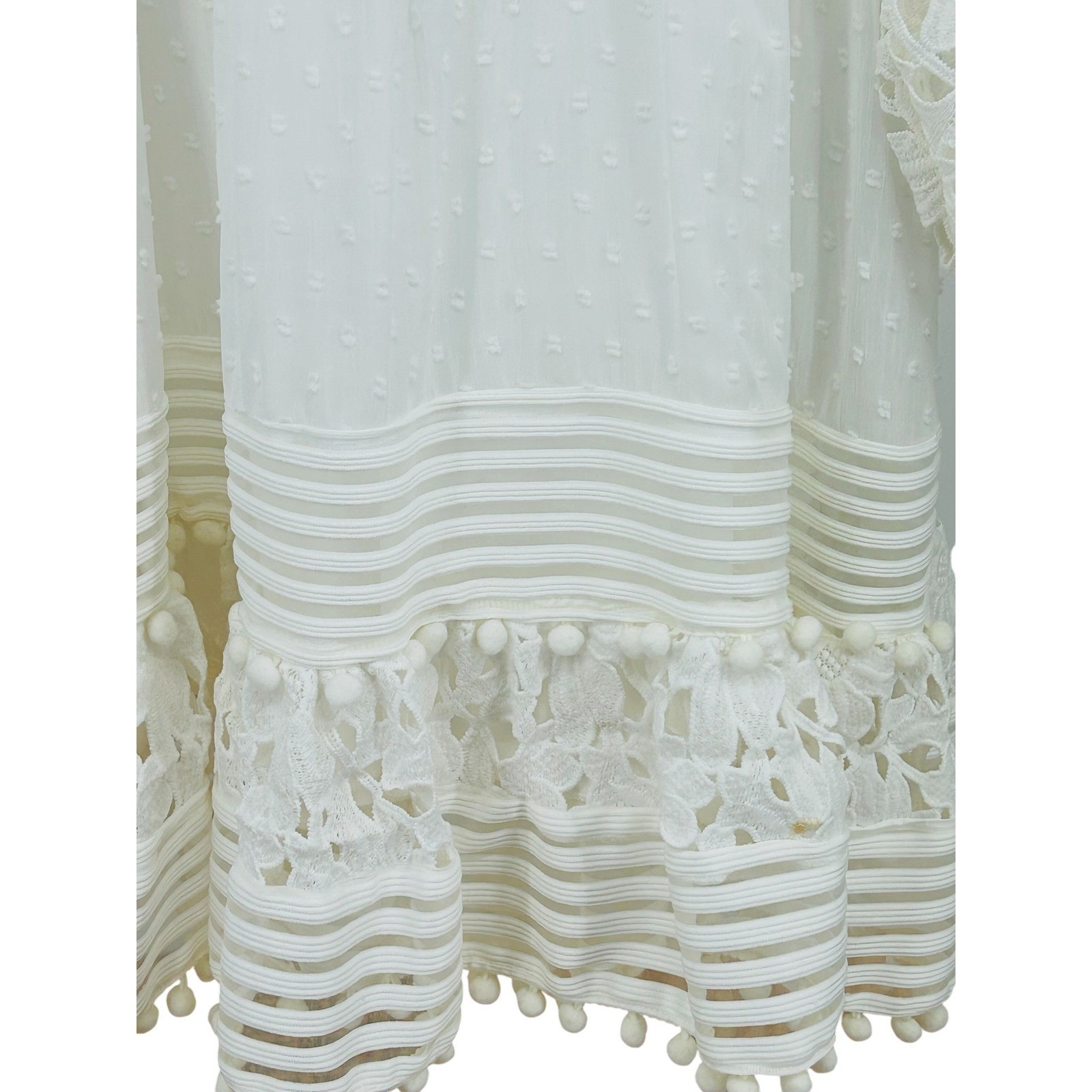 Hesperus White Lace Mini Dress Boho Pom Pom Swiss Dot Long Sleeve Size L