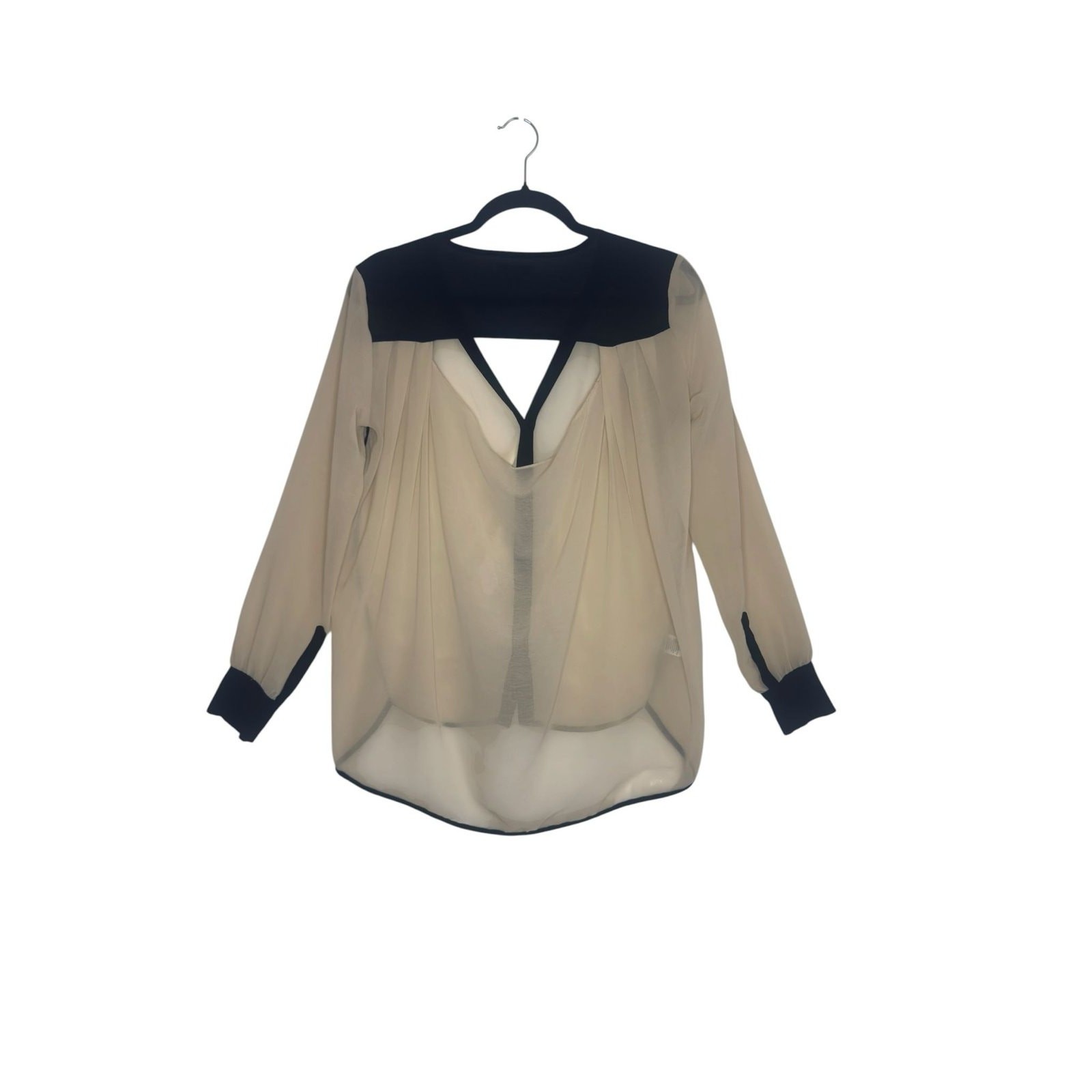 Bar III Sheer Colorblock Chiffon Blouse Beige Black XS