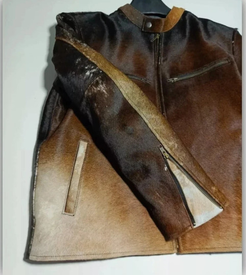 “Men’s Western Cowhide Leather Jacket with Real Hair-On Pony Skin Cow Print Coat