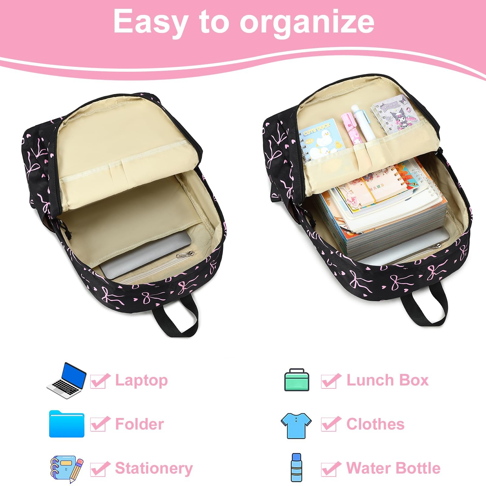 Cute Bow School Backpack For Teen Girls 15.6 Inch Laptop Bookbag Daypack Black