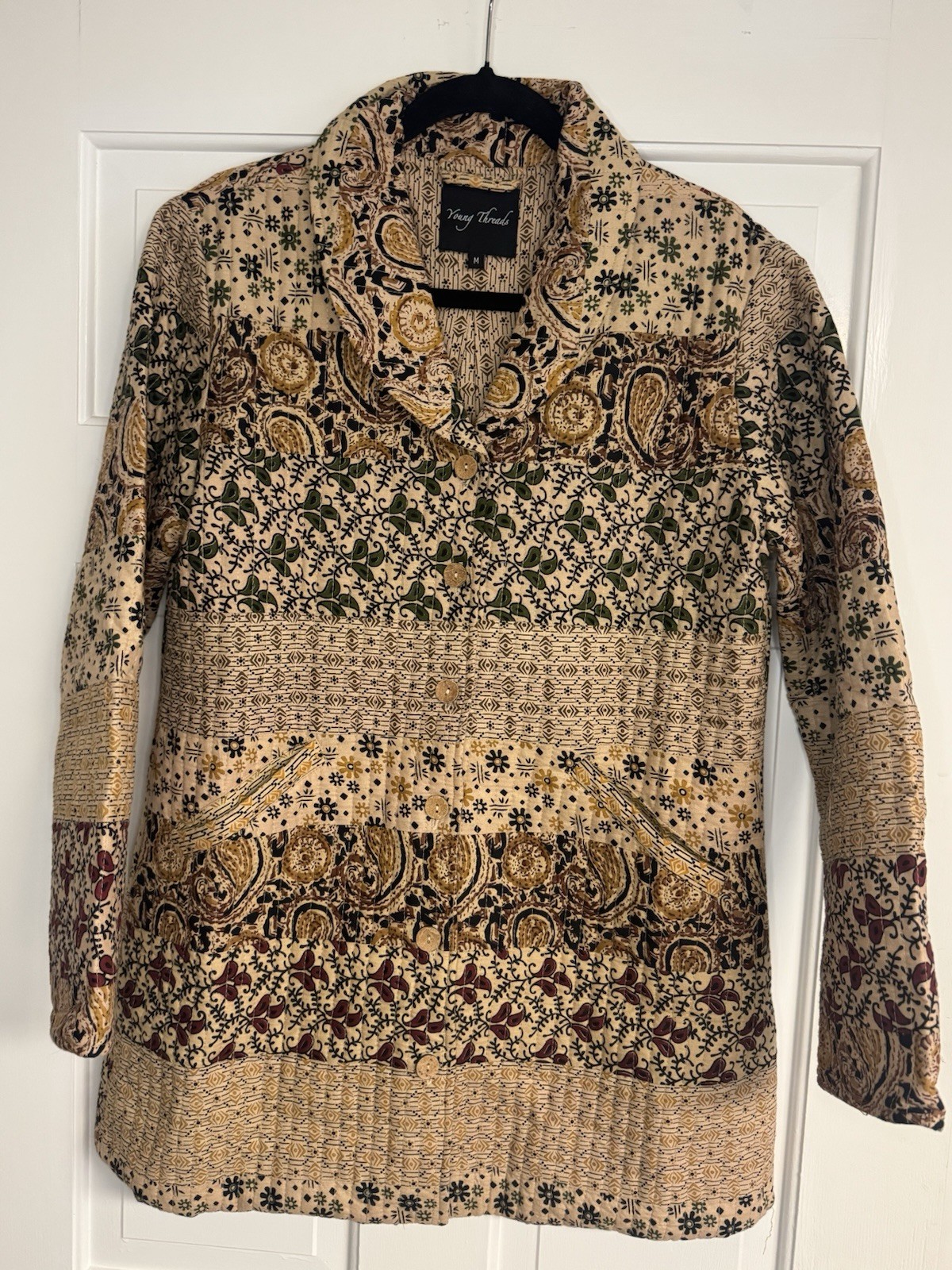 Young Threads Quilted Jacket Sz M Cotton Neutral Paisley Boho Cottage Core love