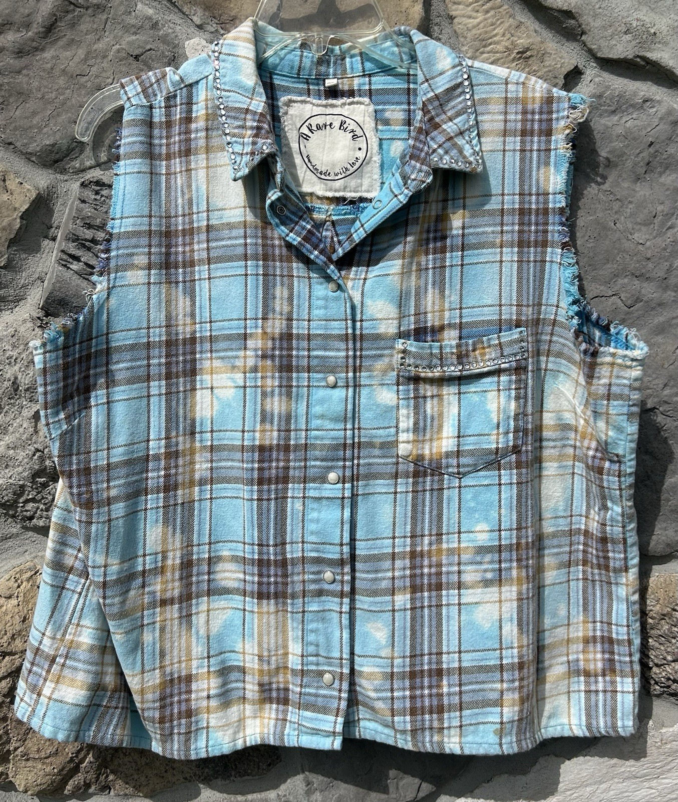 A Rare Bird Top One Size Blue Plaid Rhinestone Boho Shabby Chic Western Snap Up