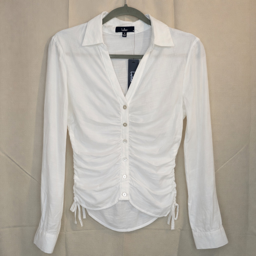 Lulus Women’s Size Small White Button-Down Ruched Sides Top Blouse Lightweight