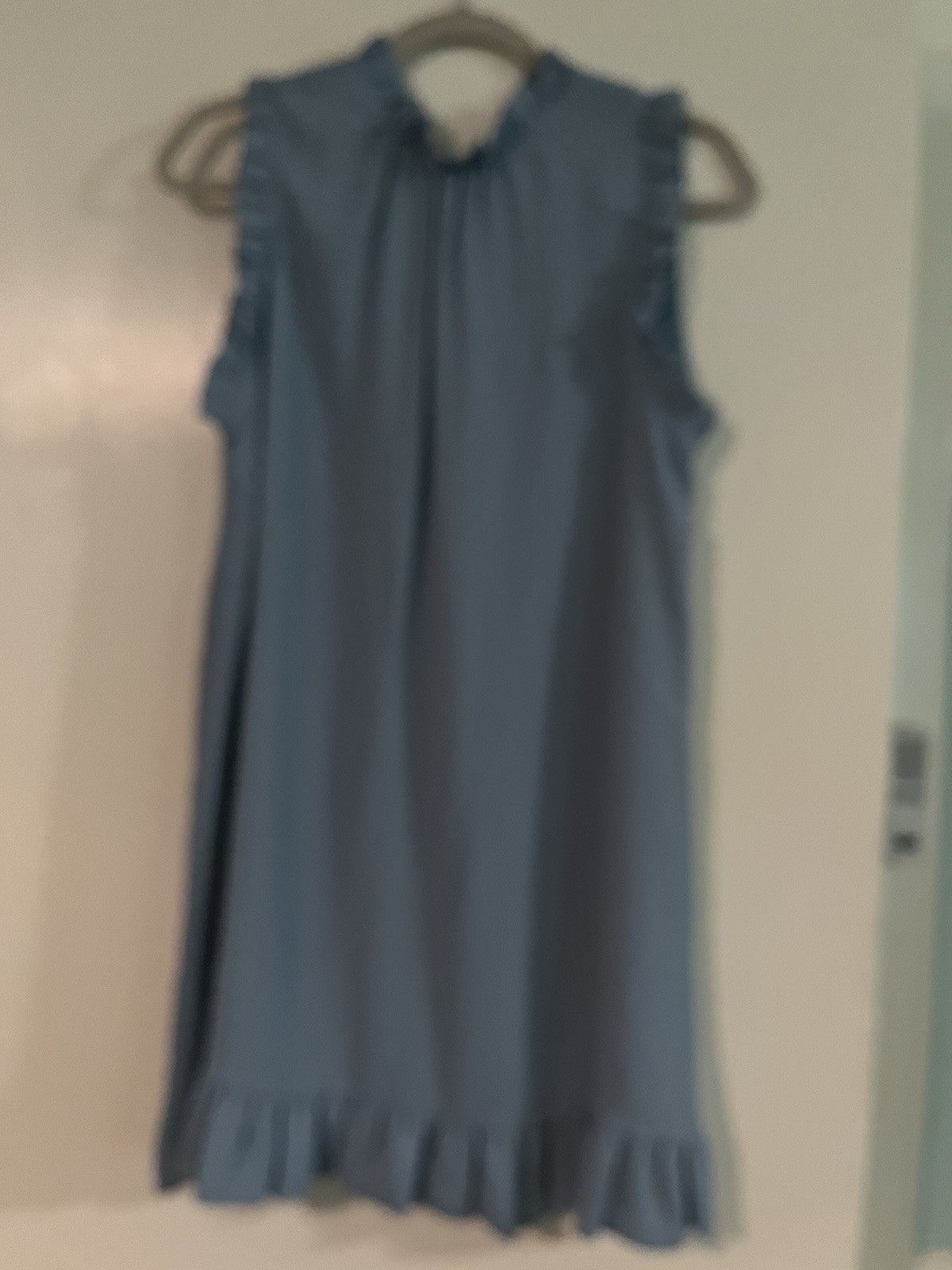 Women’s Blue Solid V-Neck Sleeveless Shift Dress Ruffle Hem Short Size M