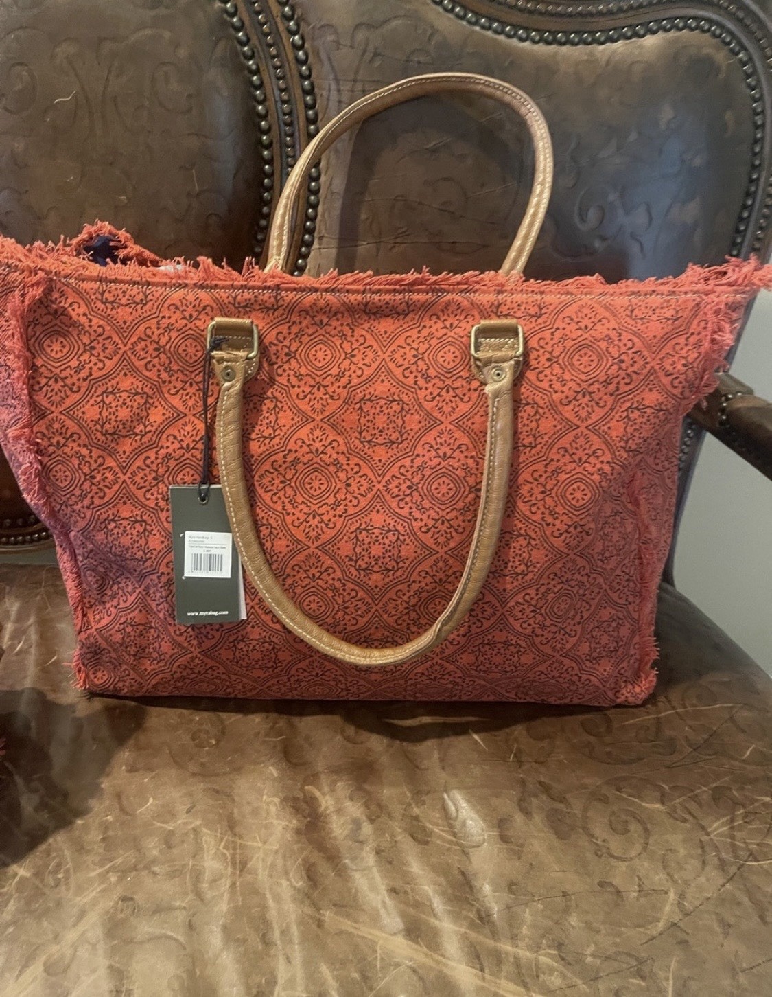 Myra Bag Rust Red Geometric Large Tote with Fringe & Detachable Crossbody Strap