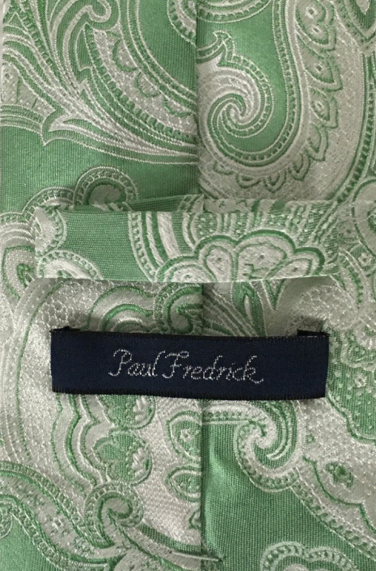 Paul Fredrick Neck Tie Green Silver Paisley 100% Silk 3.25 in Wide 59 in Long