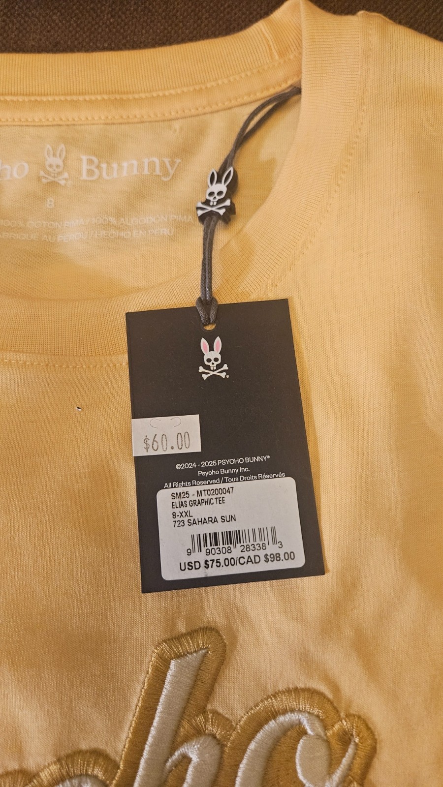 PSYCHO BUNNY Men’s Elias Graphic Tee Sahara Sun Yellow Size 2XL NWT