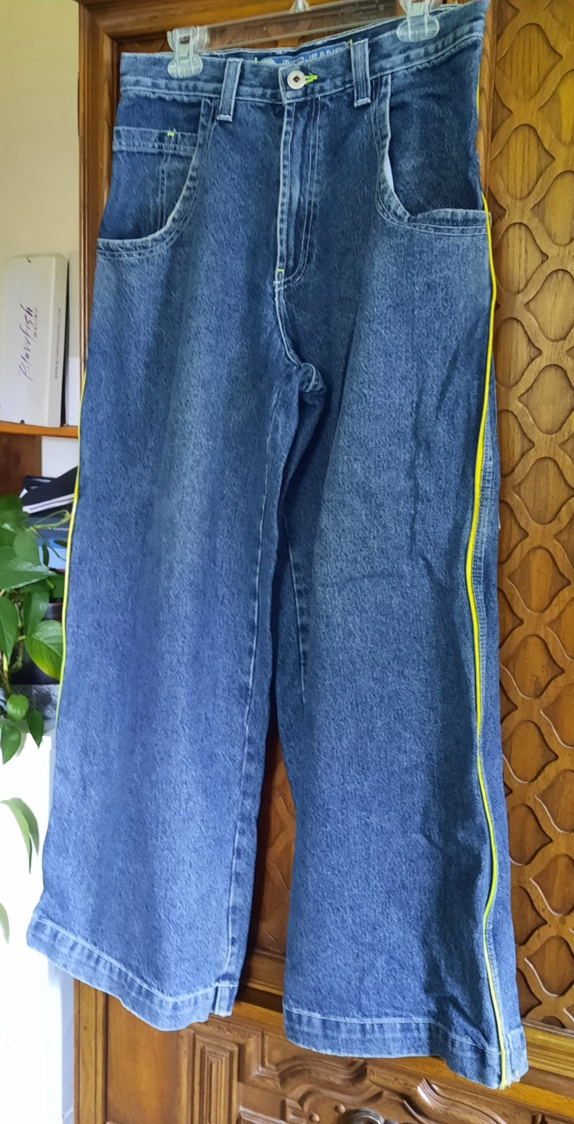 JNCO Vintage 90s NEON Green Stripe Skunk Skater Pipes Wide-Leg Jeans 32×30 Baggy