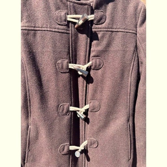 Toggle Coat Women Small Brown Excellent Hooded Wool Blend Duffle Jacket