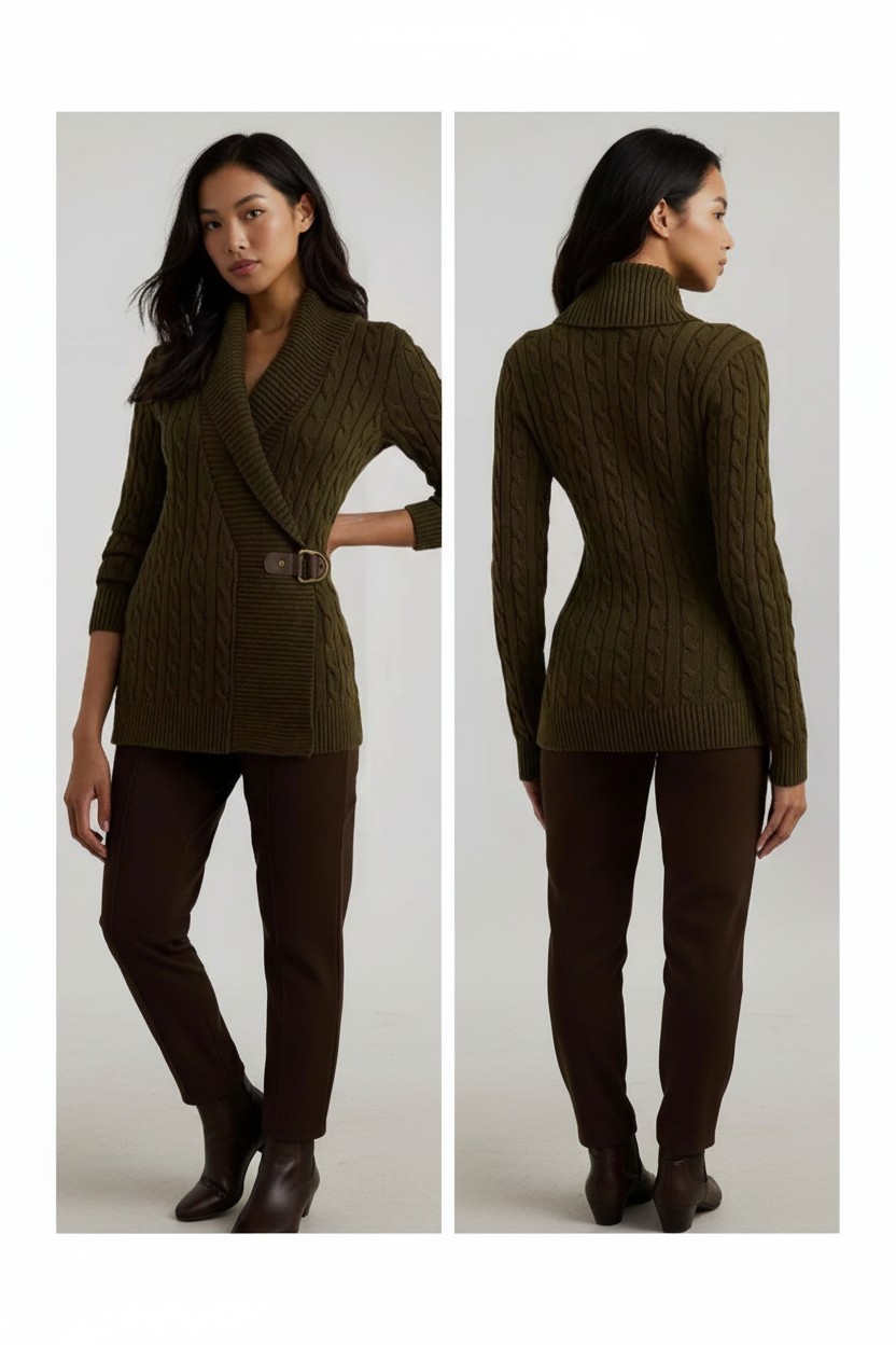 Ralph Lauren black label Cable Knit Buckle Cardigan Sweater Brown Women’s M NWT