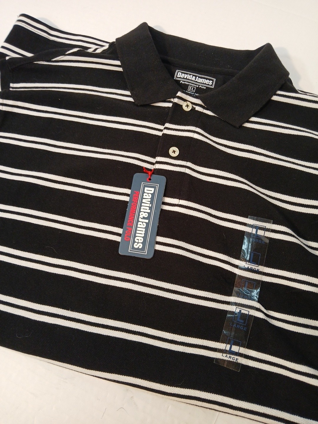 Two Mens PERFORMANCE POLO David & James B&W/W&B Striped Sz Lg