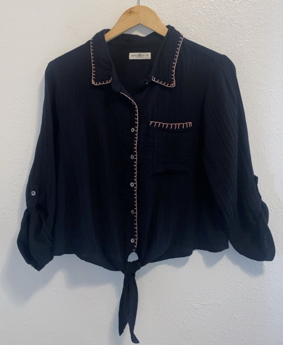 Natural Life Lola Tie Front Roll Tab Sleeve Shirt Cotton Gauze Black Medium