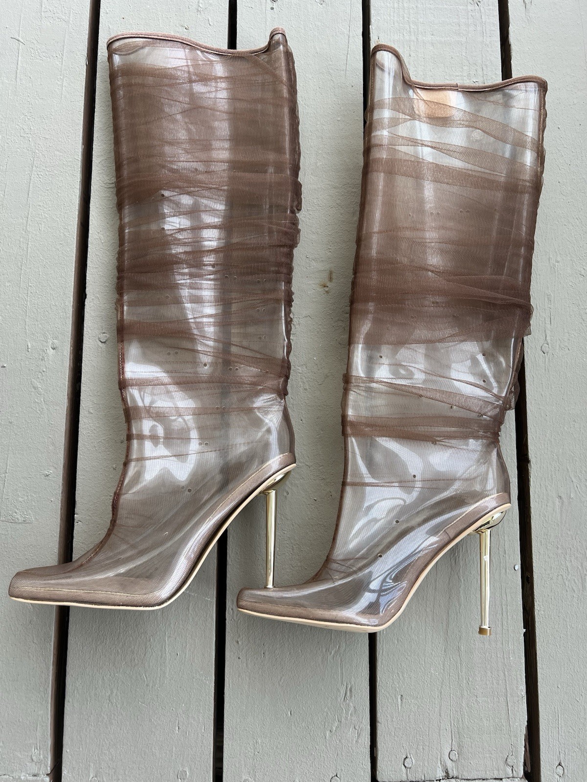 BFlyLA Knee High Brown; PVC, air holes, 4-inch gold heel, and brown mesh 10.5