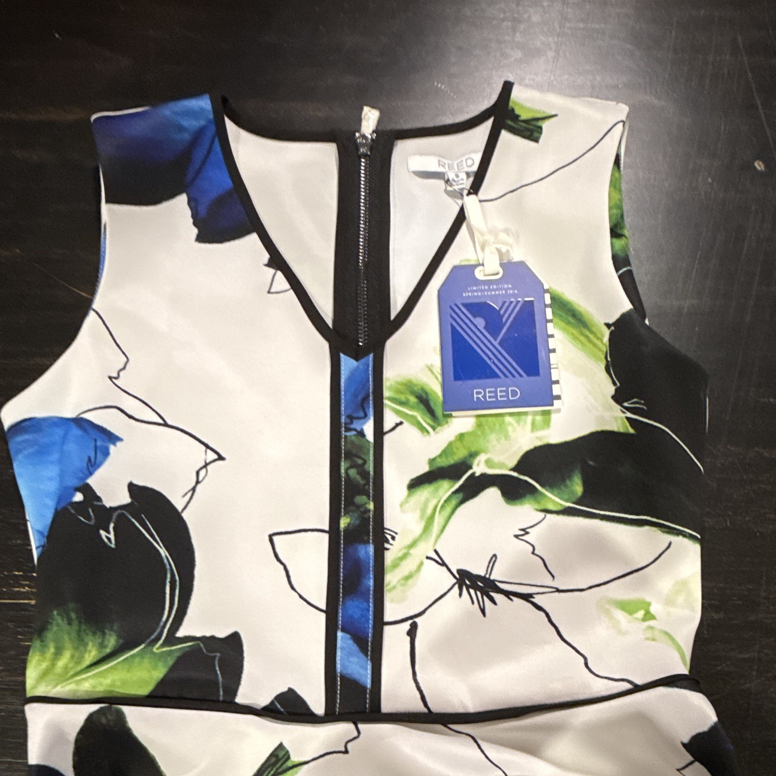 REED Women’s Fit & Flare V-Neck Sleeveless Floral Zip Dress White Blue S