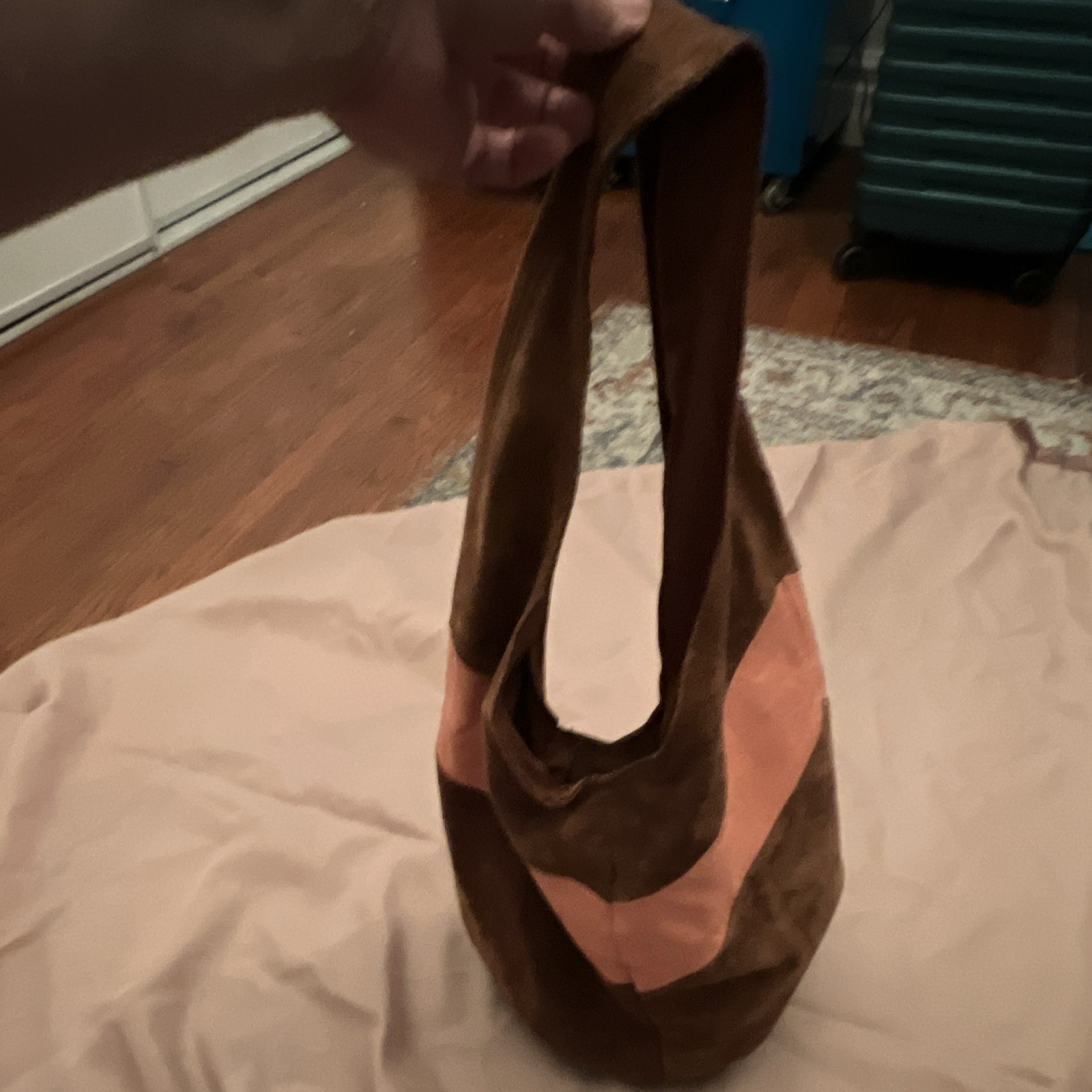 Brown/Pink Colorblock Leather Suede Women’s Shoulder Bag Stitching Accents