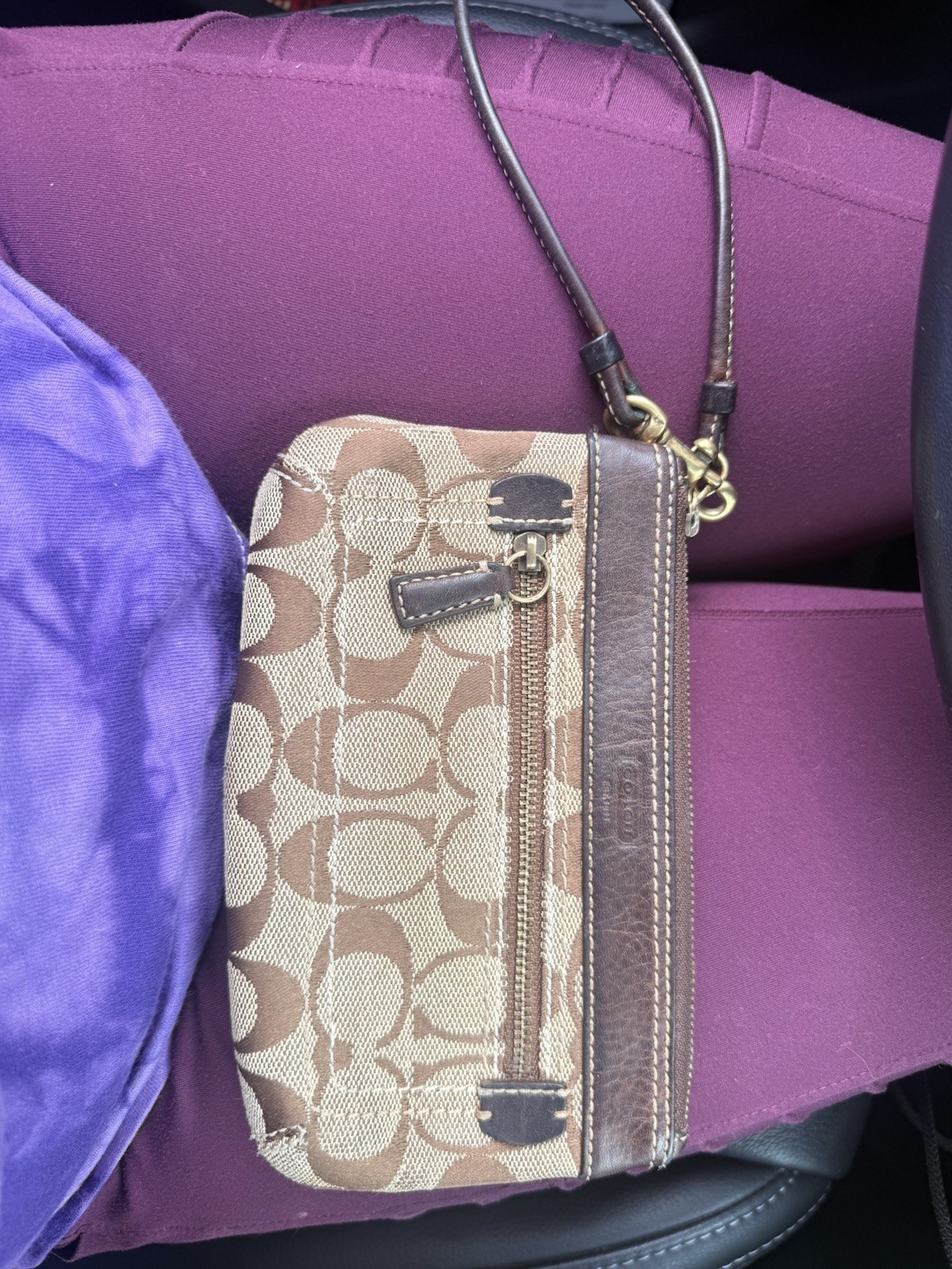 Coach Classic Logo Pattern Zip Wristlet with Wrist Strap Brown Beige