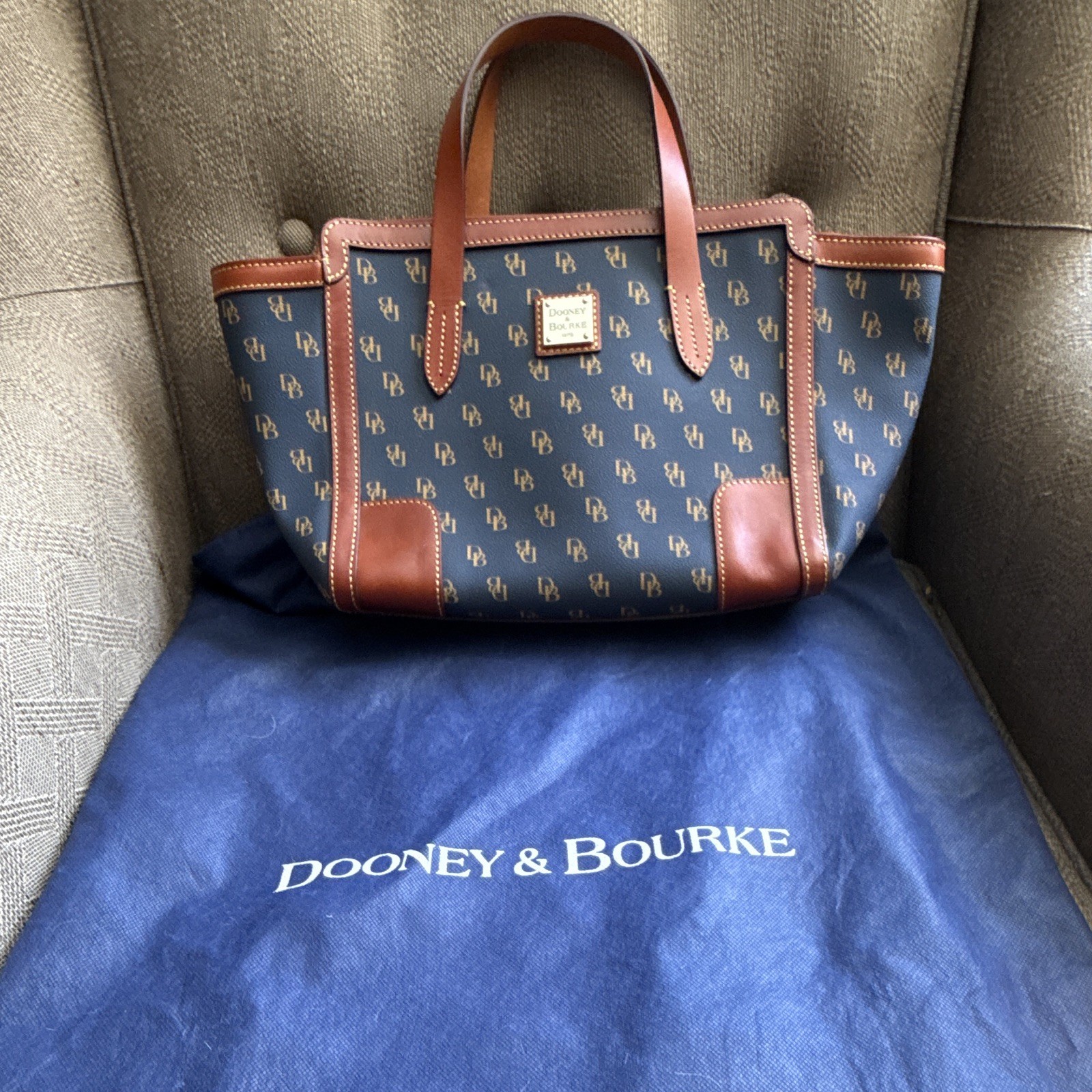 Dooney & Bourke Navy/Brown Monogram Zip Satchel, Strap, Gold Hardware, Pockets