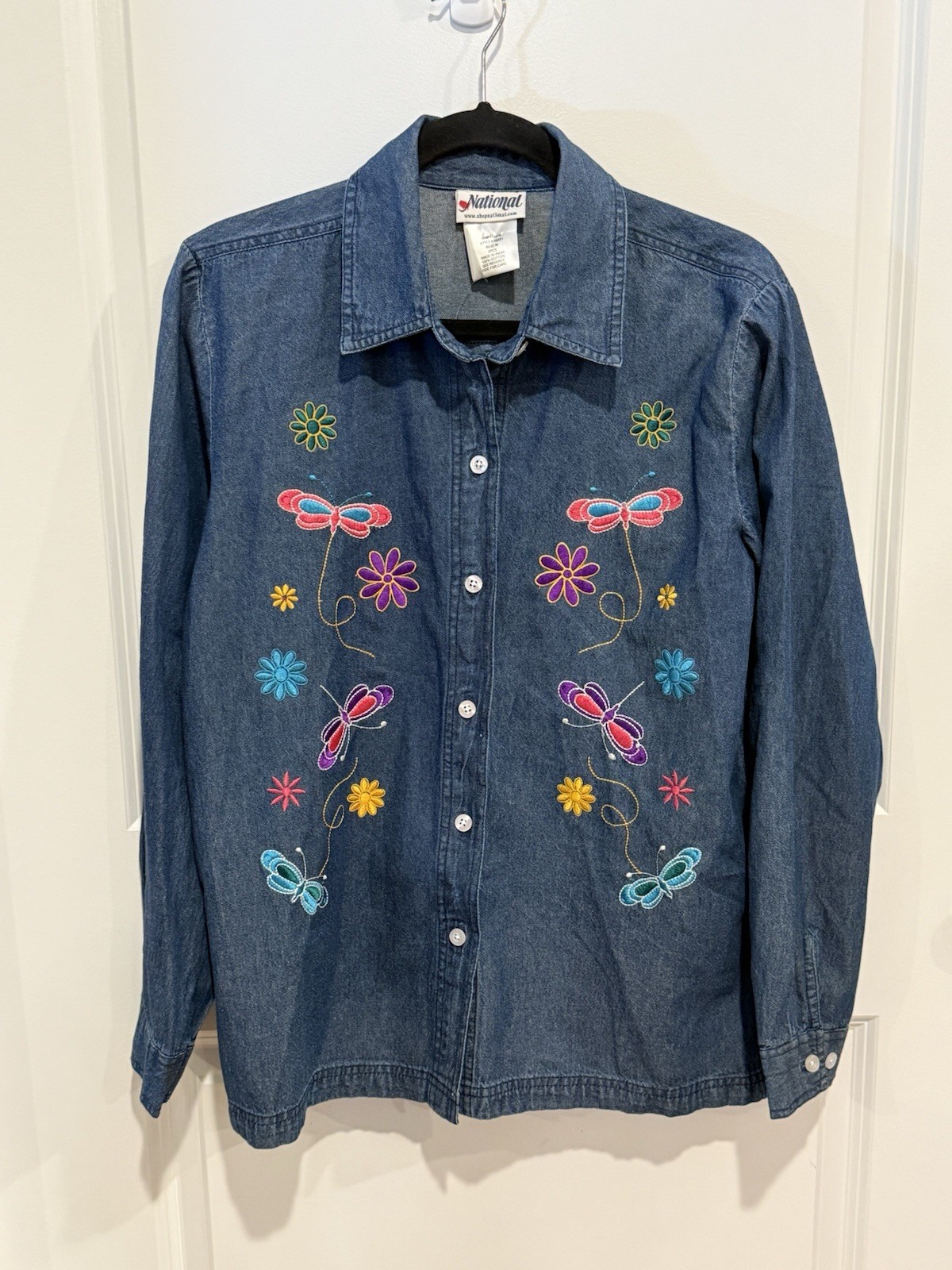 National Womens Denim Colorful Blue Pink Floral Button Up Embroidered Gardening