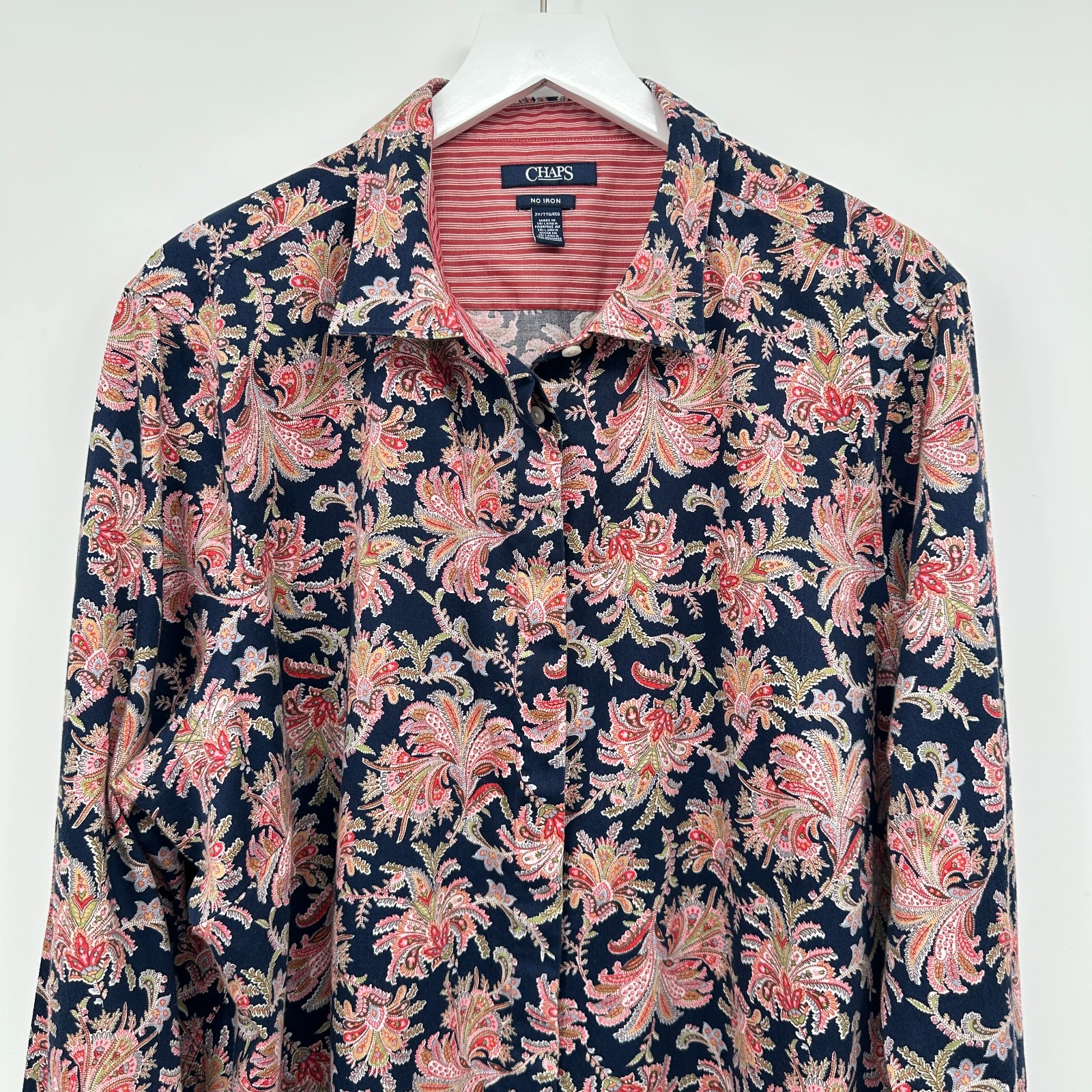 Chaps Womens Top Shirt Blouse Size 2X No Iron Button Up Floral Boho Romantic