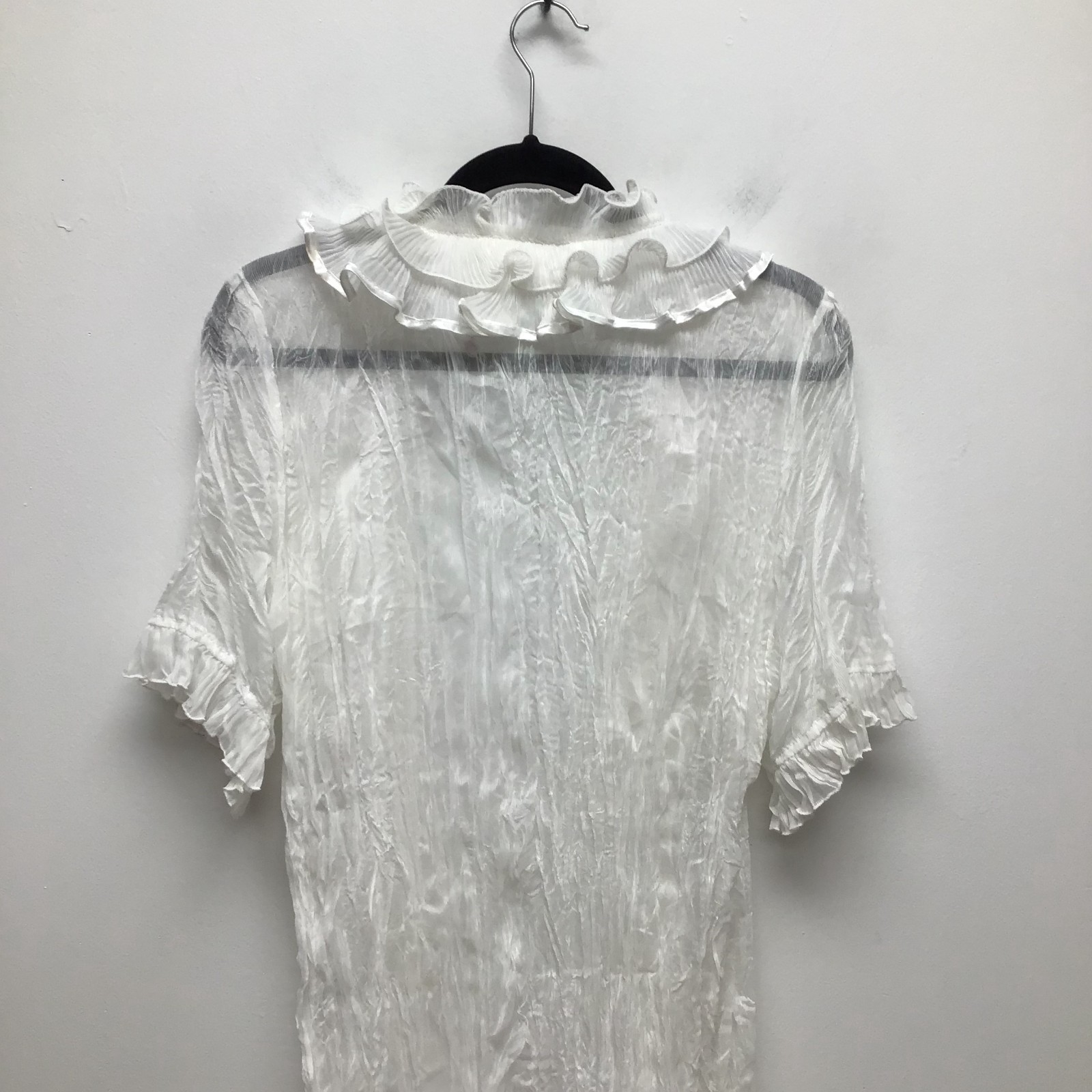 Pretty Angel Semi-Sheer Crinkled Silk-Blend Ruffle Short Sleeve Cardigan – Large