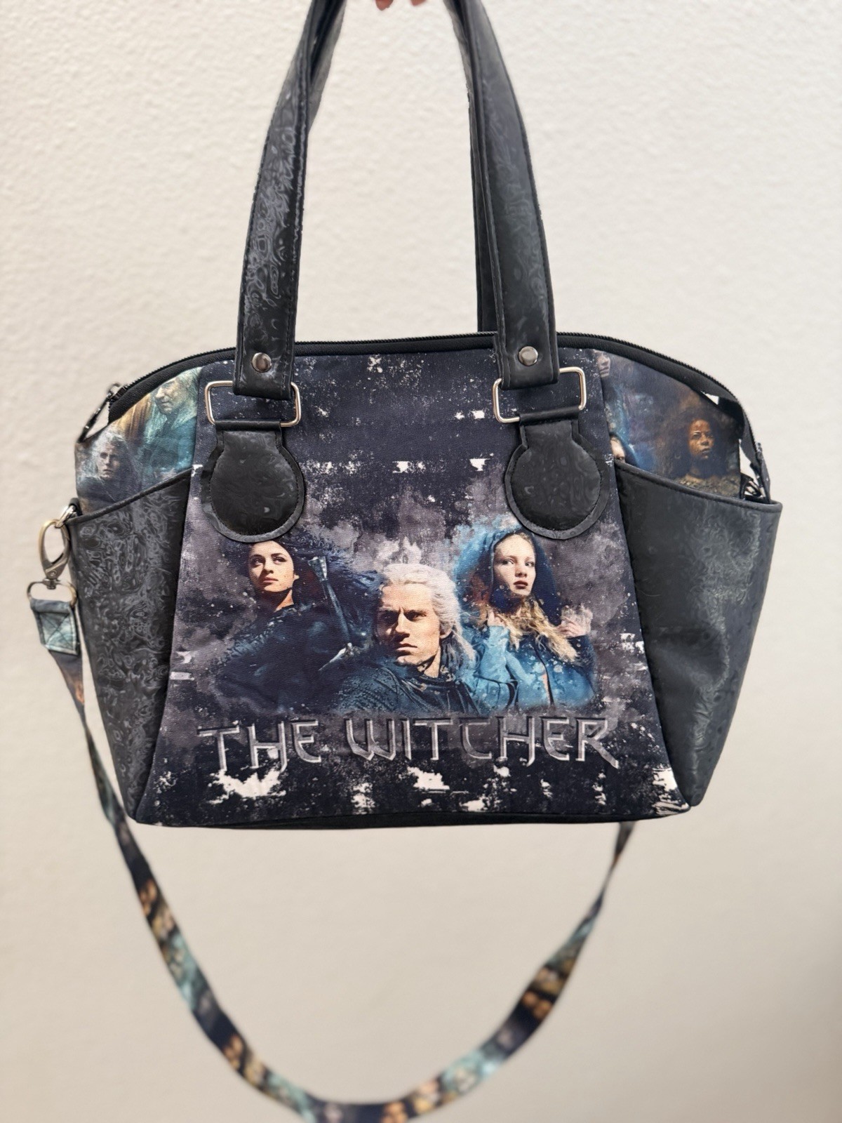 Handmade The Witcher Graphic Print Satchel Top Handle Bag, Med Black/Blue