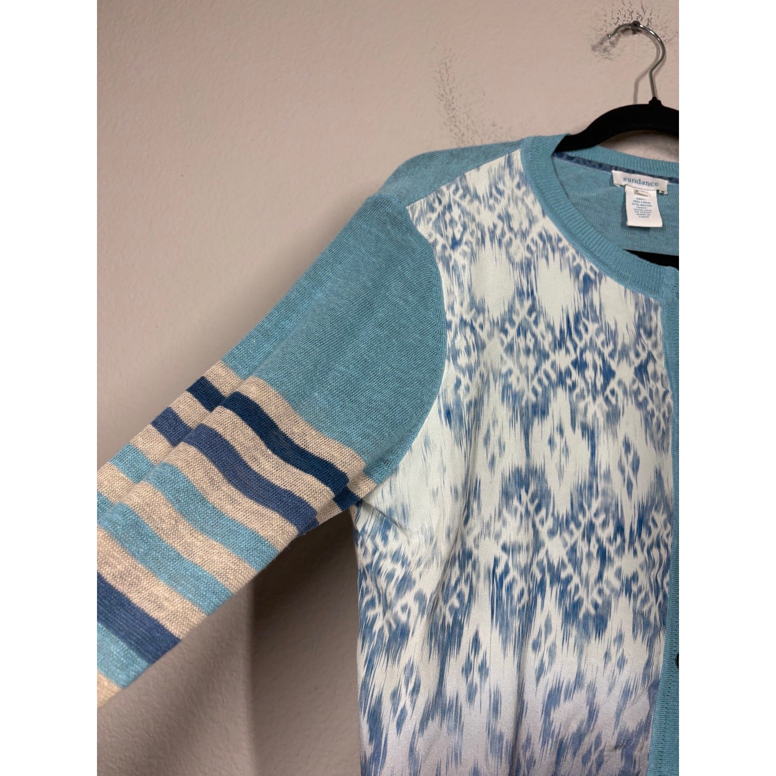 Sundance Small Ikat Joy Cardigan Sweater Blue Linen Silk Rayon Blend Button Up