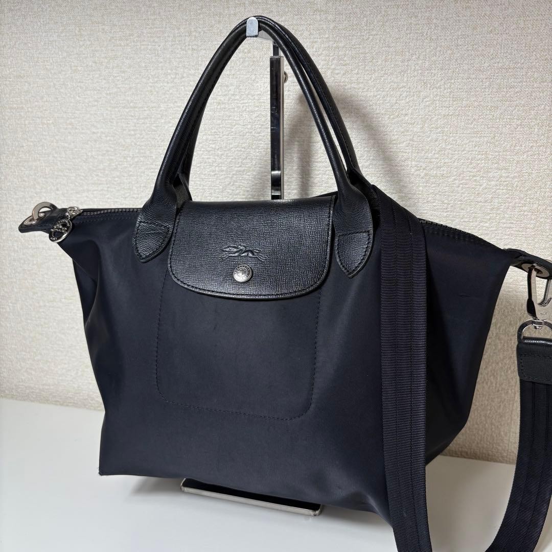 LONGCHAMP Le Pliage Black 2-Way Bag Nylon Leather