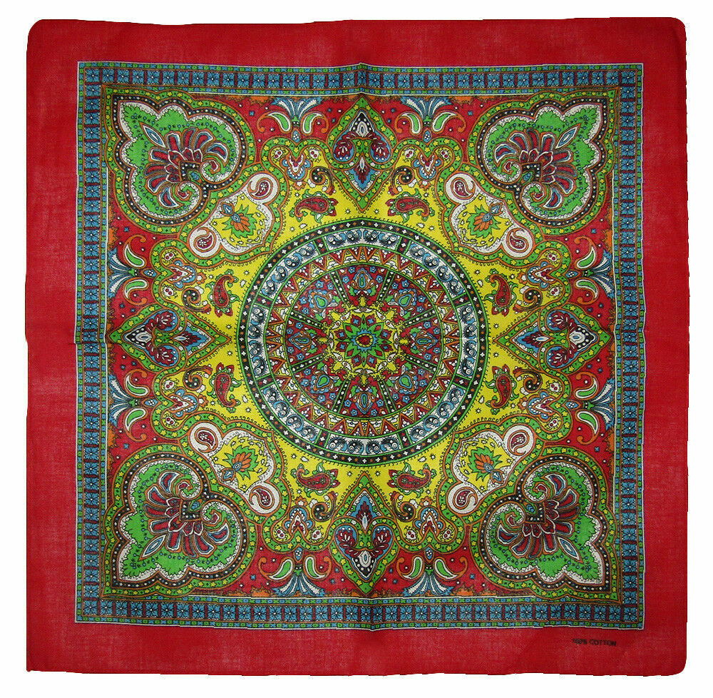 22″x22″ Ornate Paisley Mosaic Multi Color Red Border Bandana