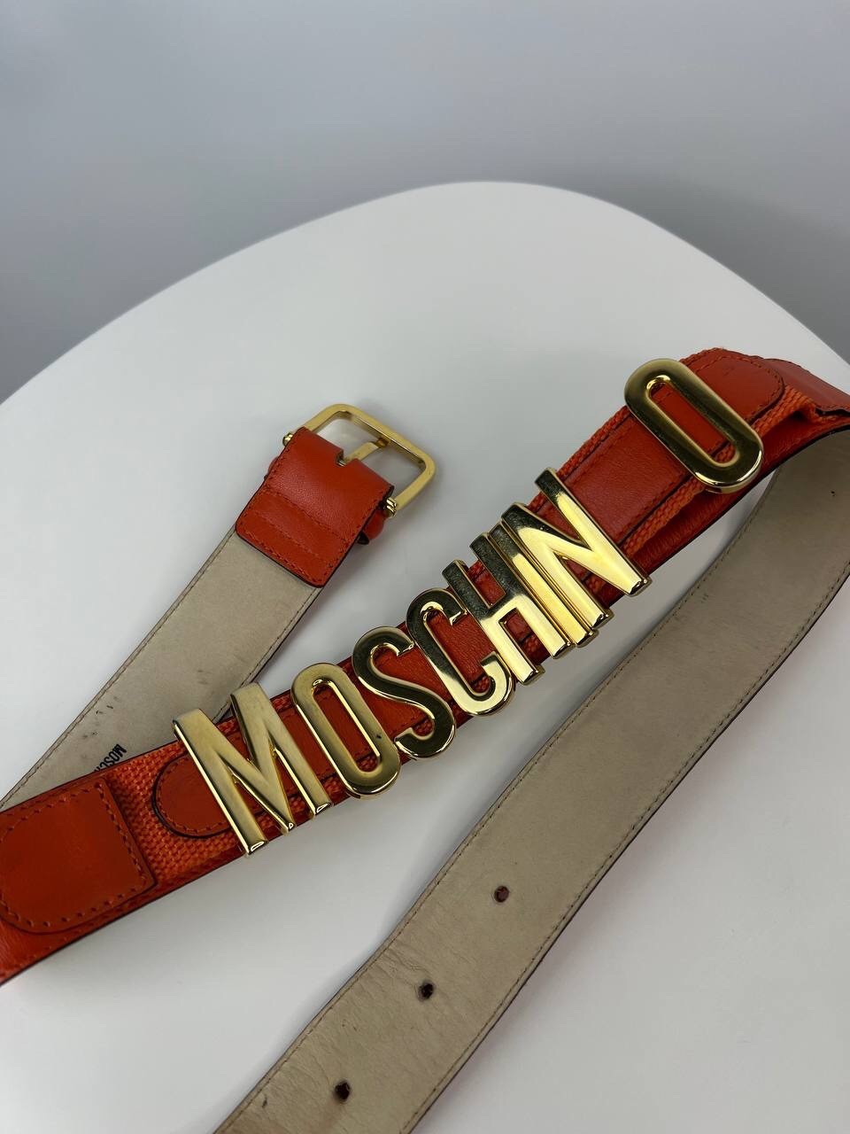 Vintage MOSCHINO Redwall Orange Leather Belt Gold Letter Logo Size 42 Italy Rare