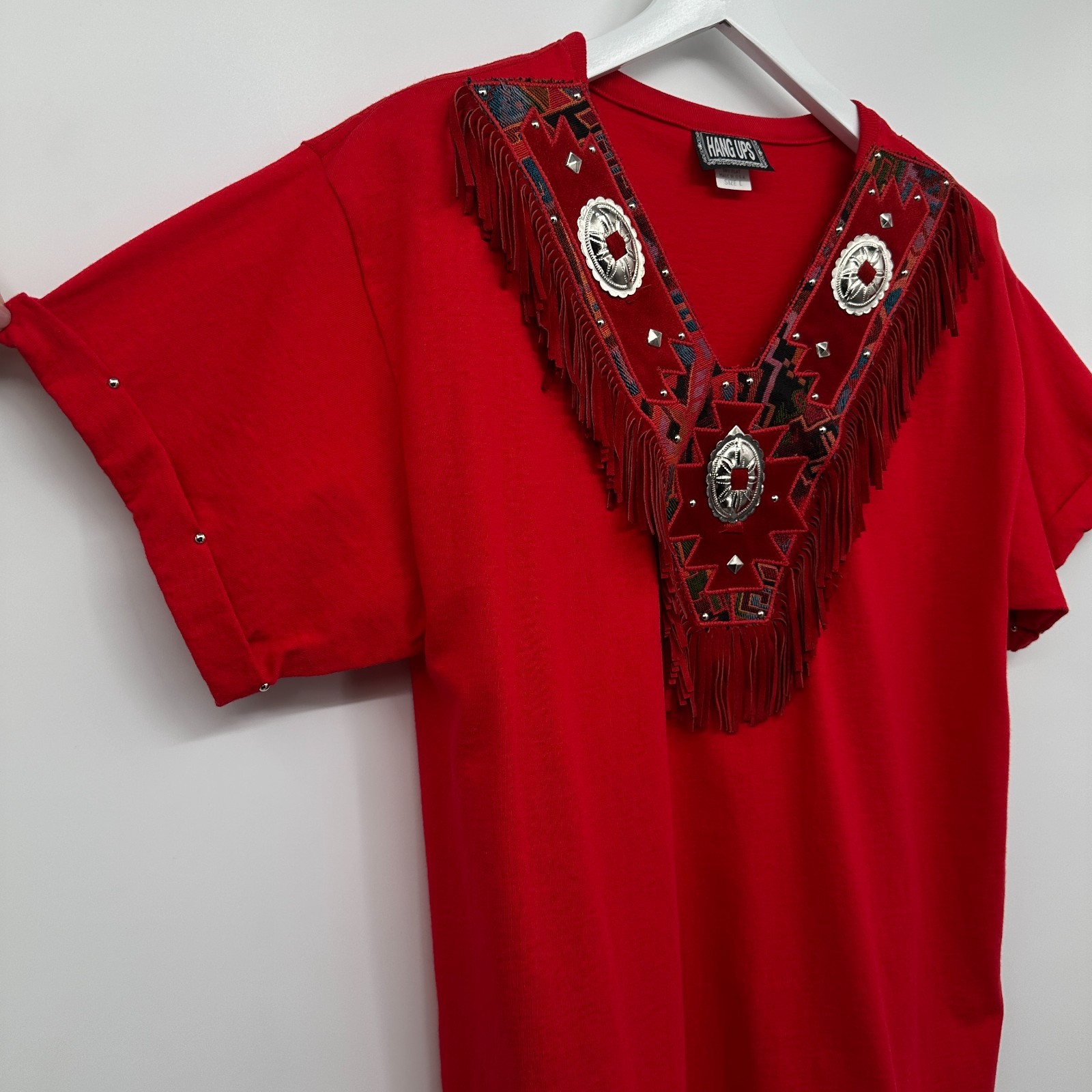 Vintage Western Top Shirt Size Large Stretch Embroidered Suede Fringe Concho USA