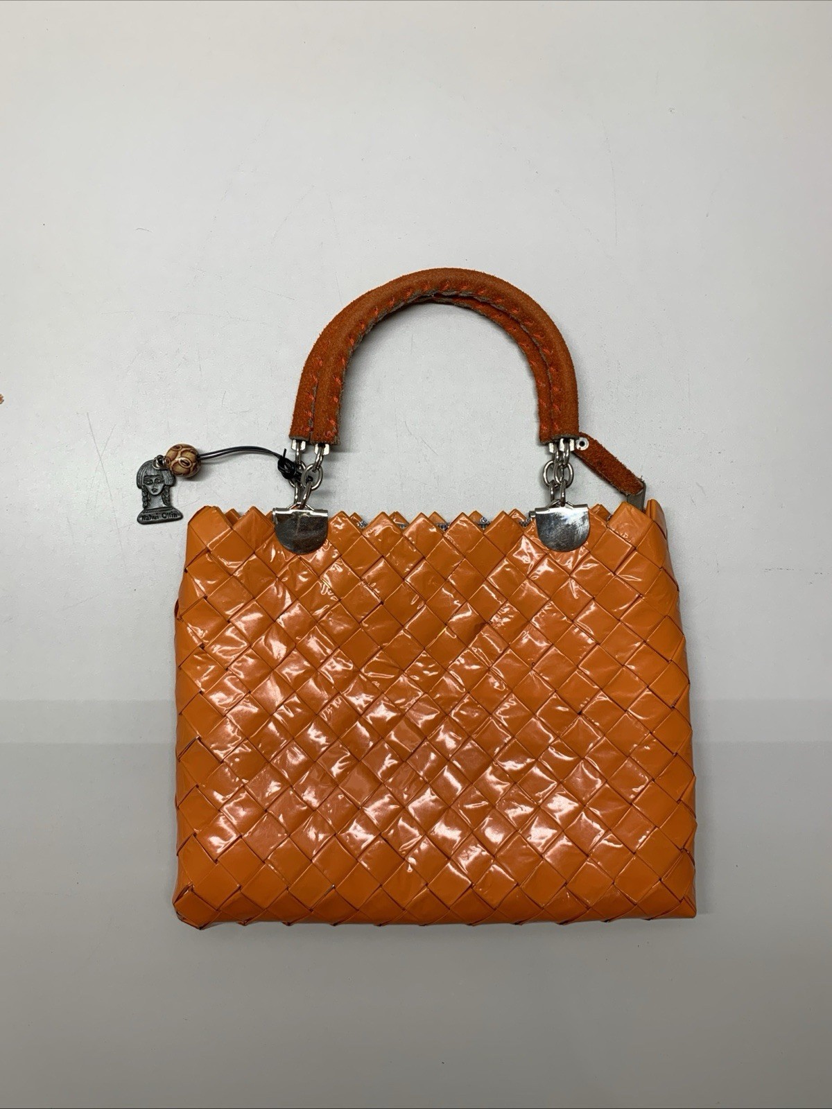 Nahui Ollin Orange Woven Recycled Wrappers Handbag Purse Shoulder Bag