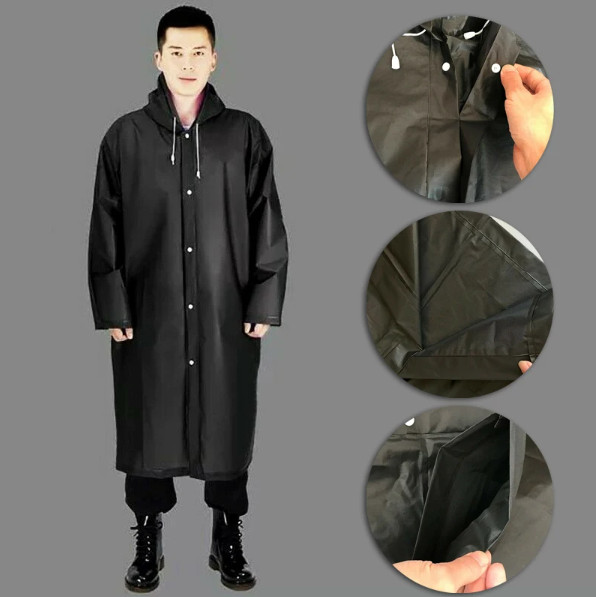Men Black Waterproof Long Raincoat Hooded Trench Jacket Outdoor Hiking Rain Coat