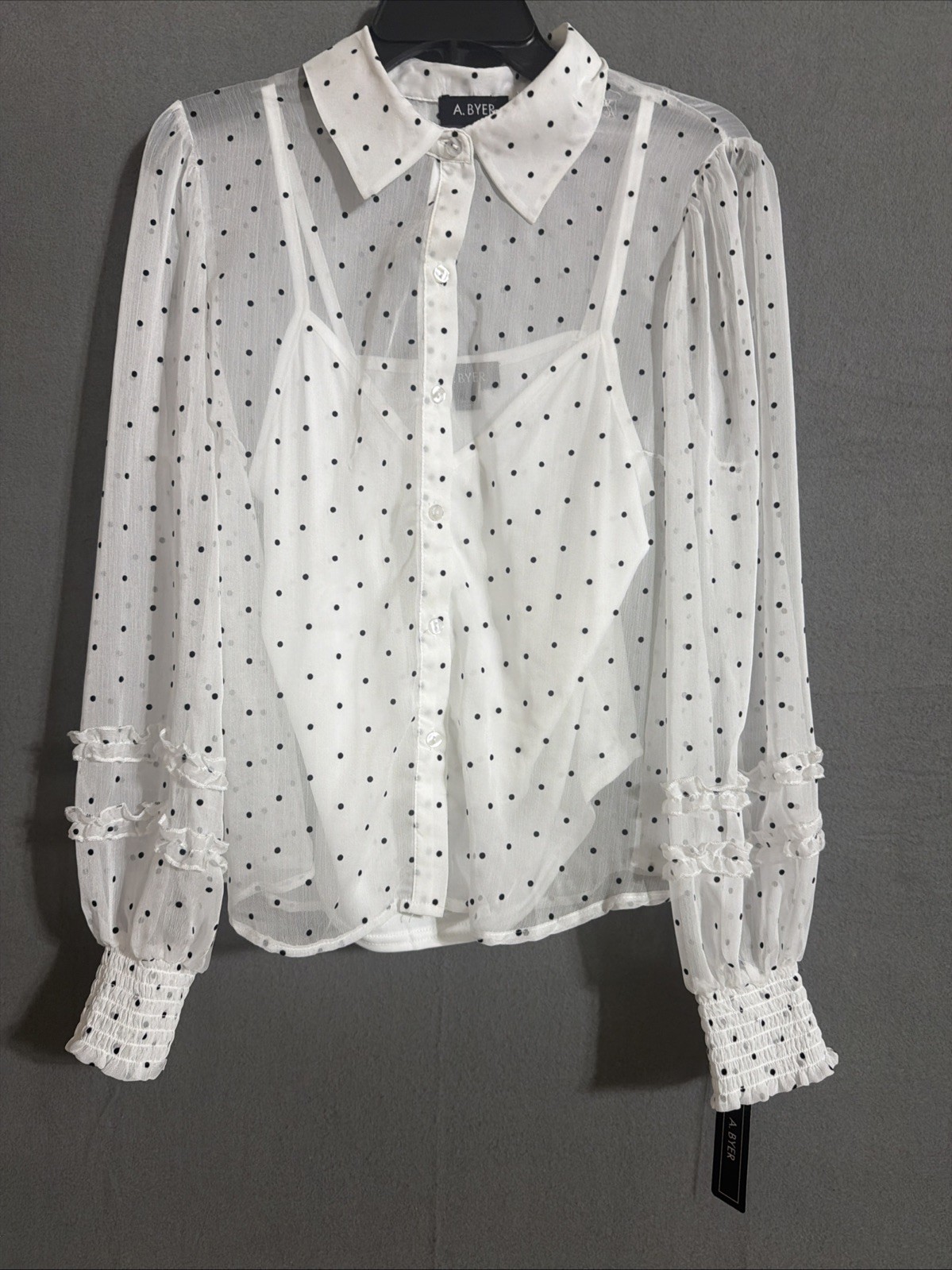 A.Byer Wm’s L Share Polkadot Ruffle Sleeve Set Cottage Core Coquette Office-work