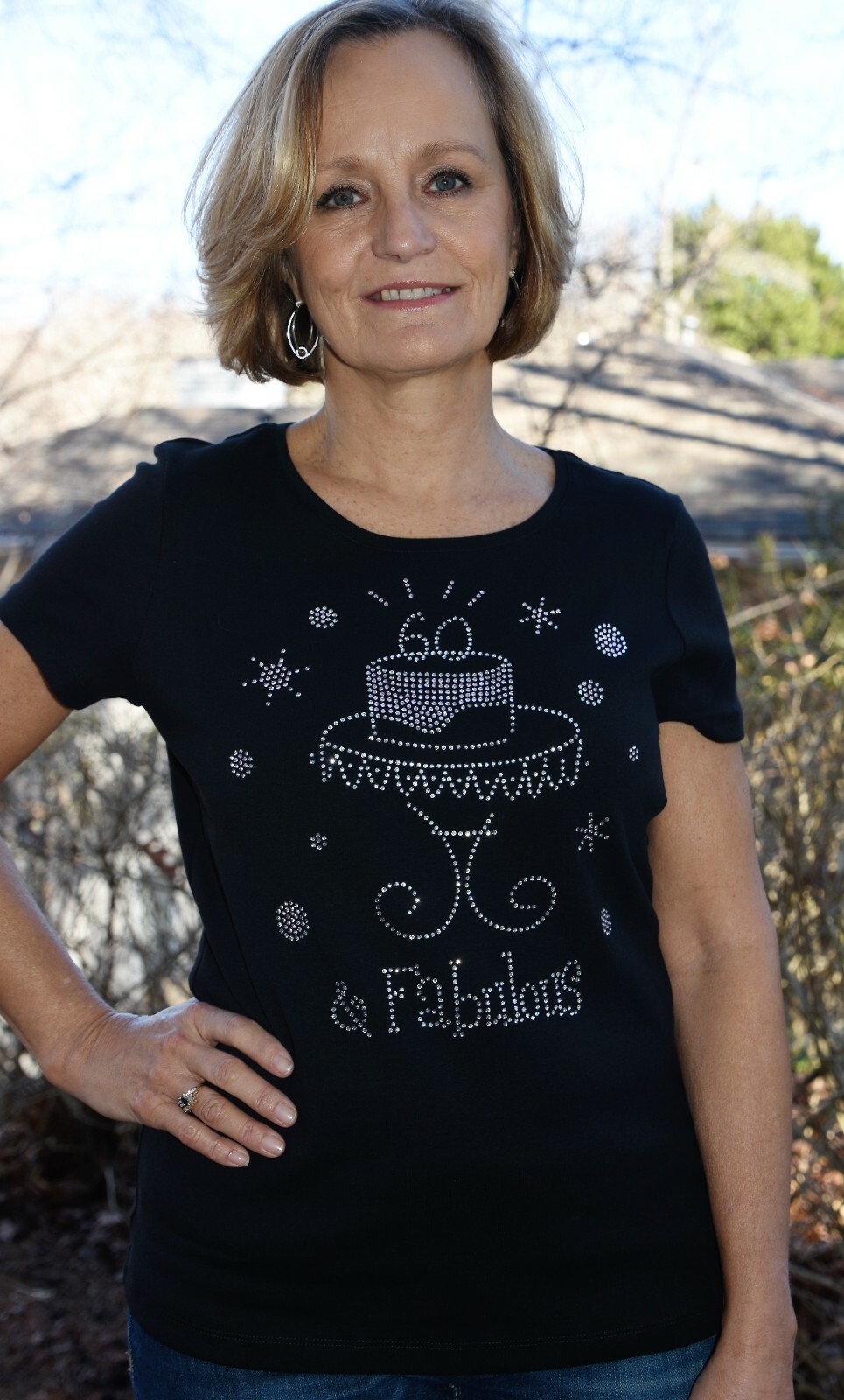 60th birthday rhinestone bling shirt size M 60 and Fabulous Birthday Cake