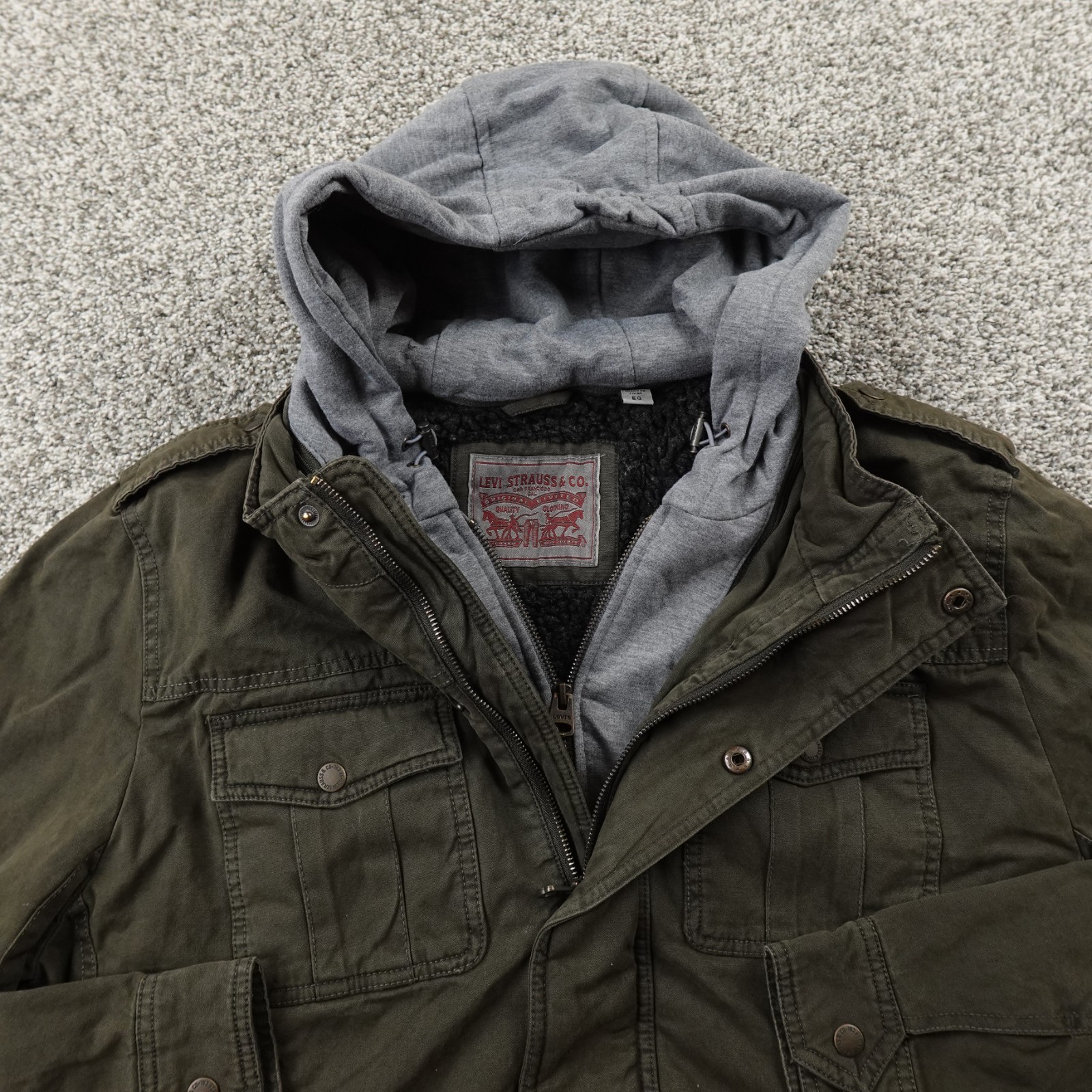 NEW Levis Jacket Mens XL Green Hooded Sherpa Lined Field Coat Utility Canvas