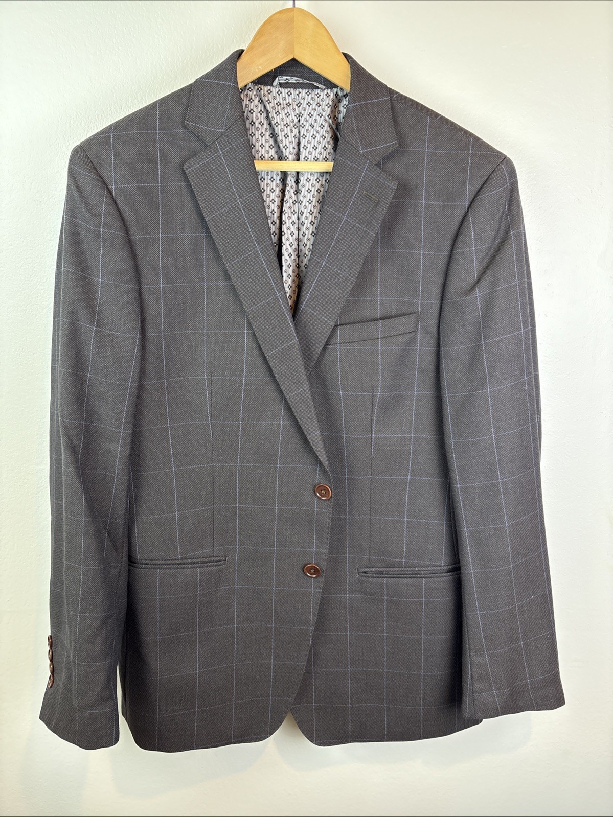 Tallia Mens 100% Wool Sport Coat Blazer Jacket Two Button Brown 44R Windowpane