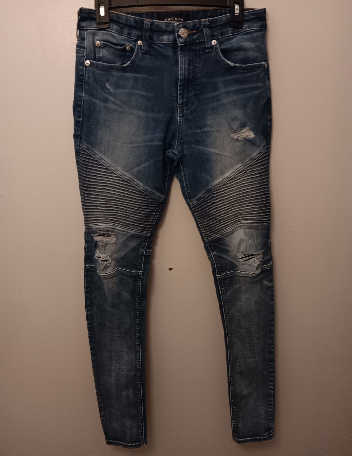 PacSun Active Stretch Stacked Skinny Jeans Blue Distressed Biker Ribbed Knees