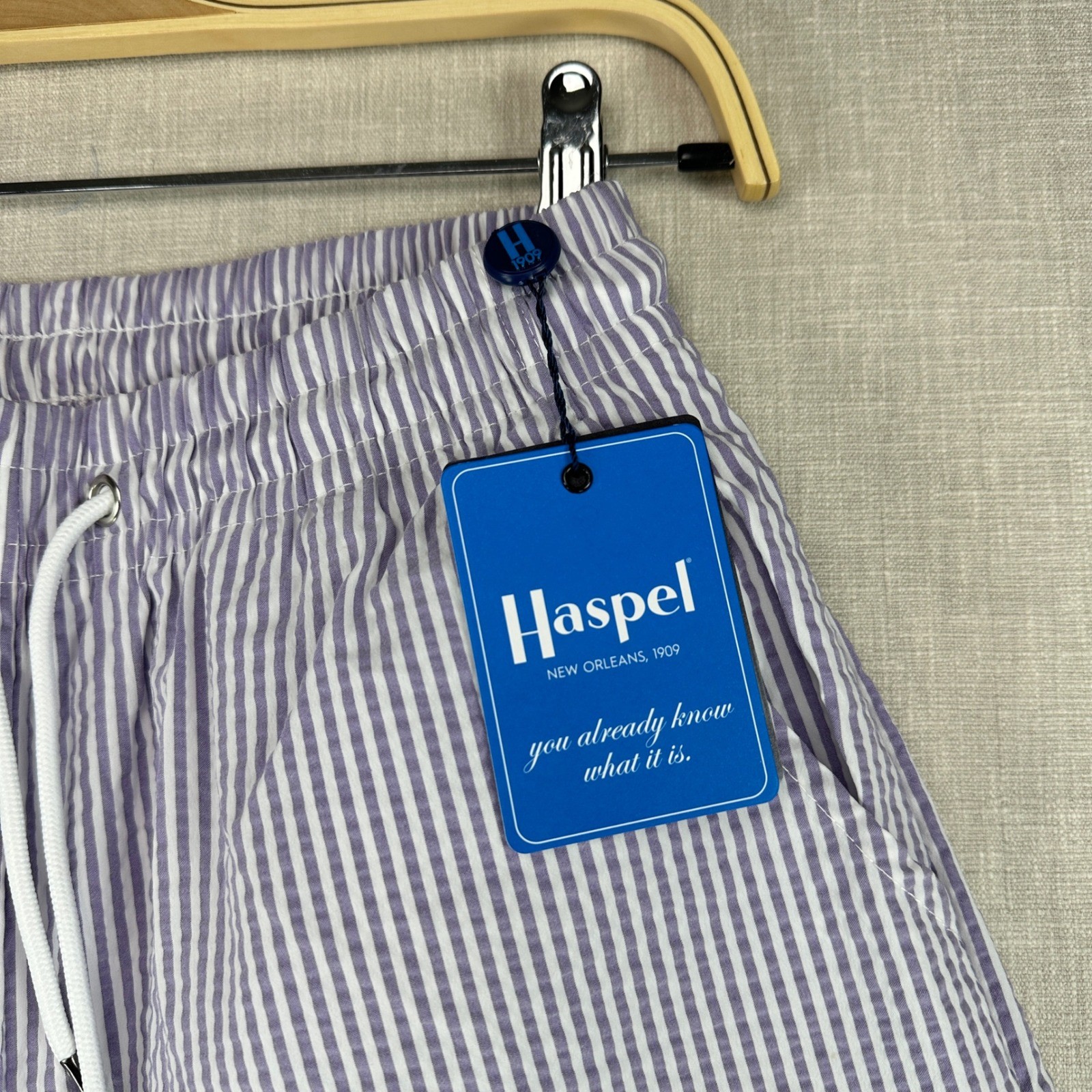Haspel Swim Trunks Mens Medium Purple Seersucker Striped Beach Shorts NWT