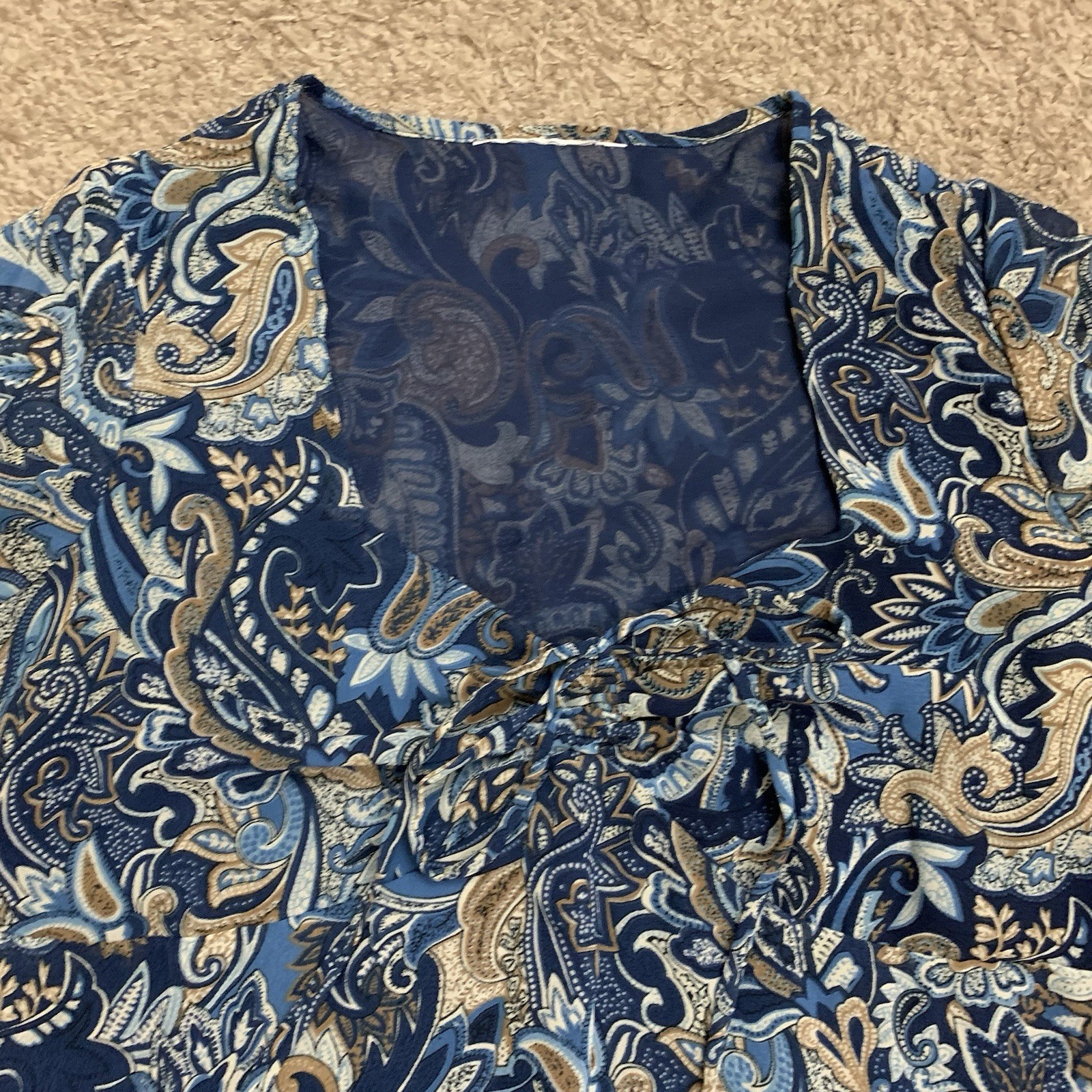 Vintage Y2K Top Womens Medium Blue Paisley Print Sheer Babydoll Feminine Blouse