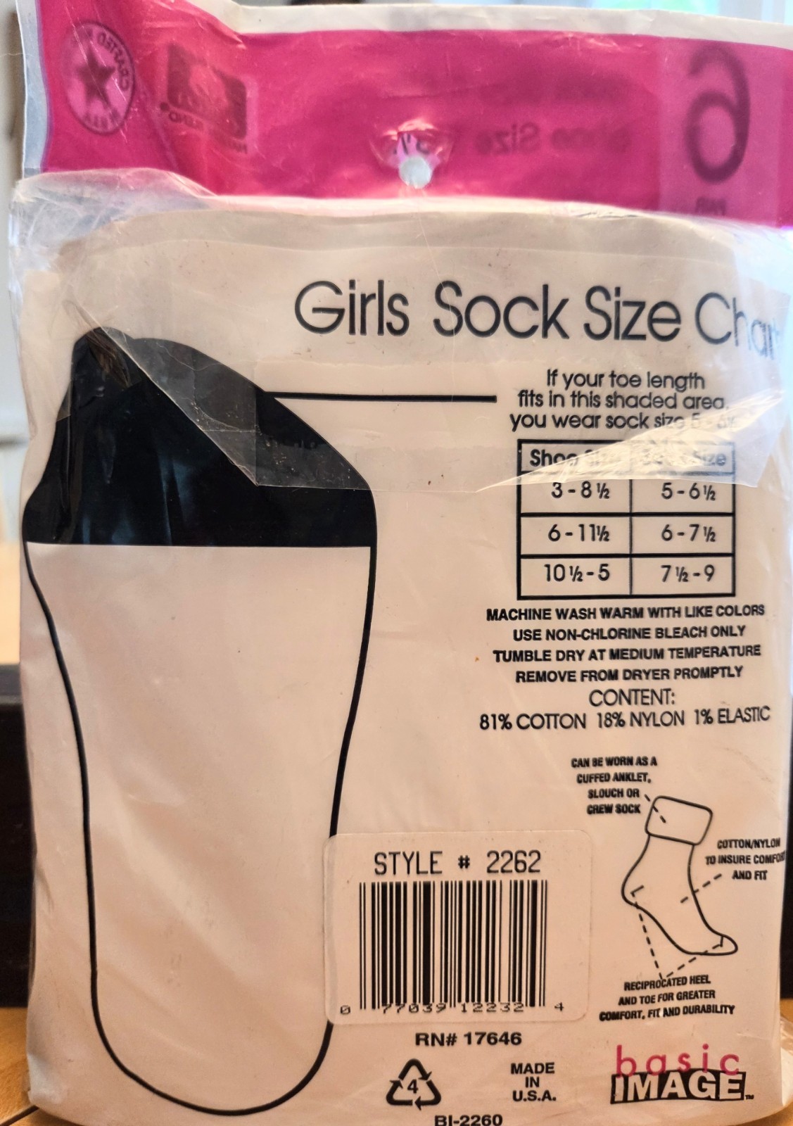 Basic Image Vintage New Fits Girls Shoe Sz 3-8½ Rib Turn Cuff Socks 6pk 80s 90s
